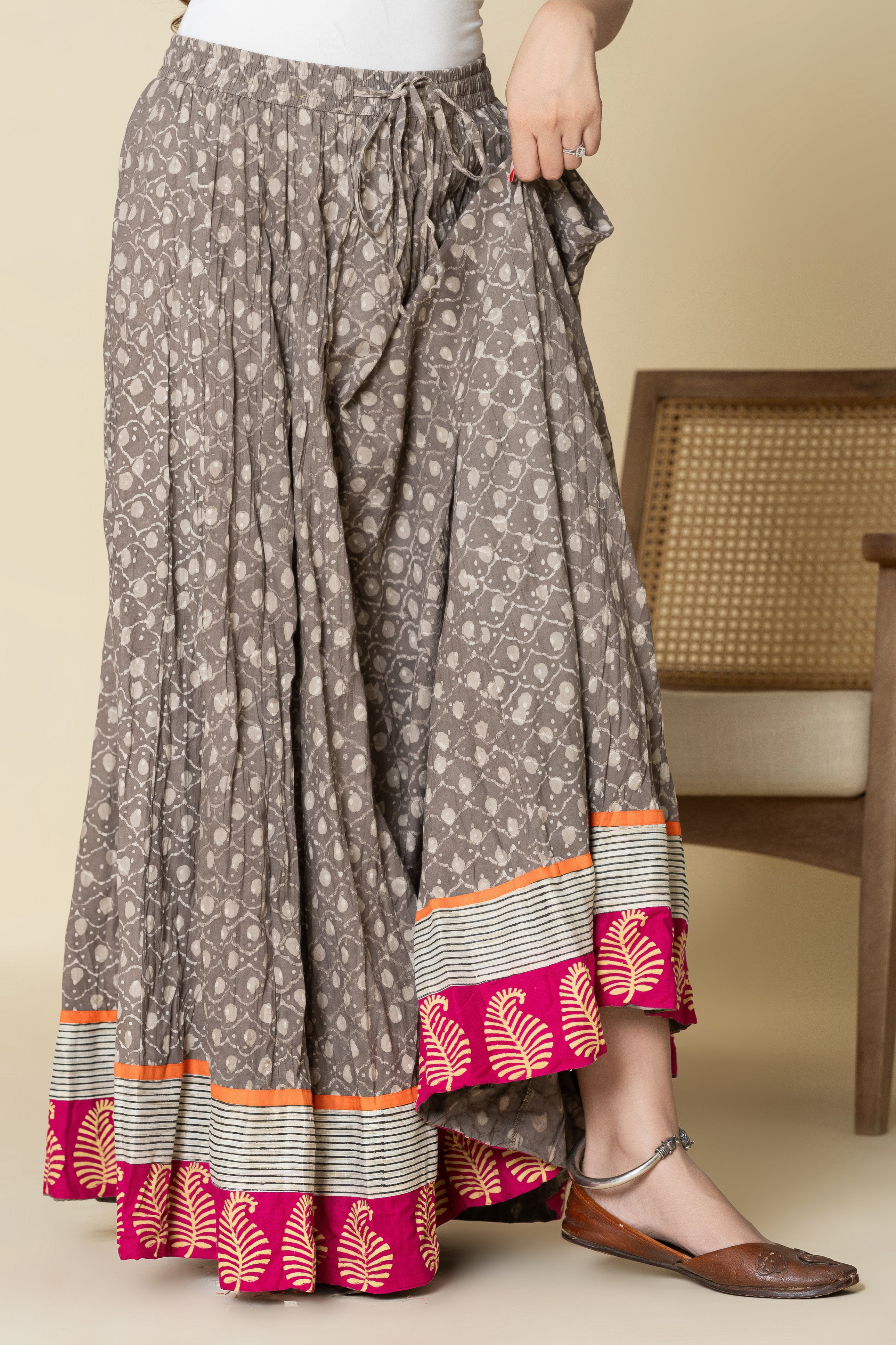 Grey Daboo Jharokhe Crinkled Cotton 28 Kali Kalidaar Skirt