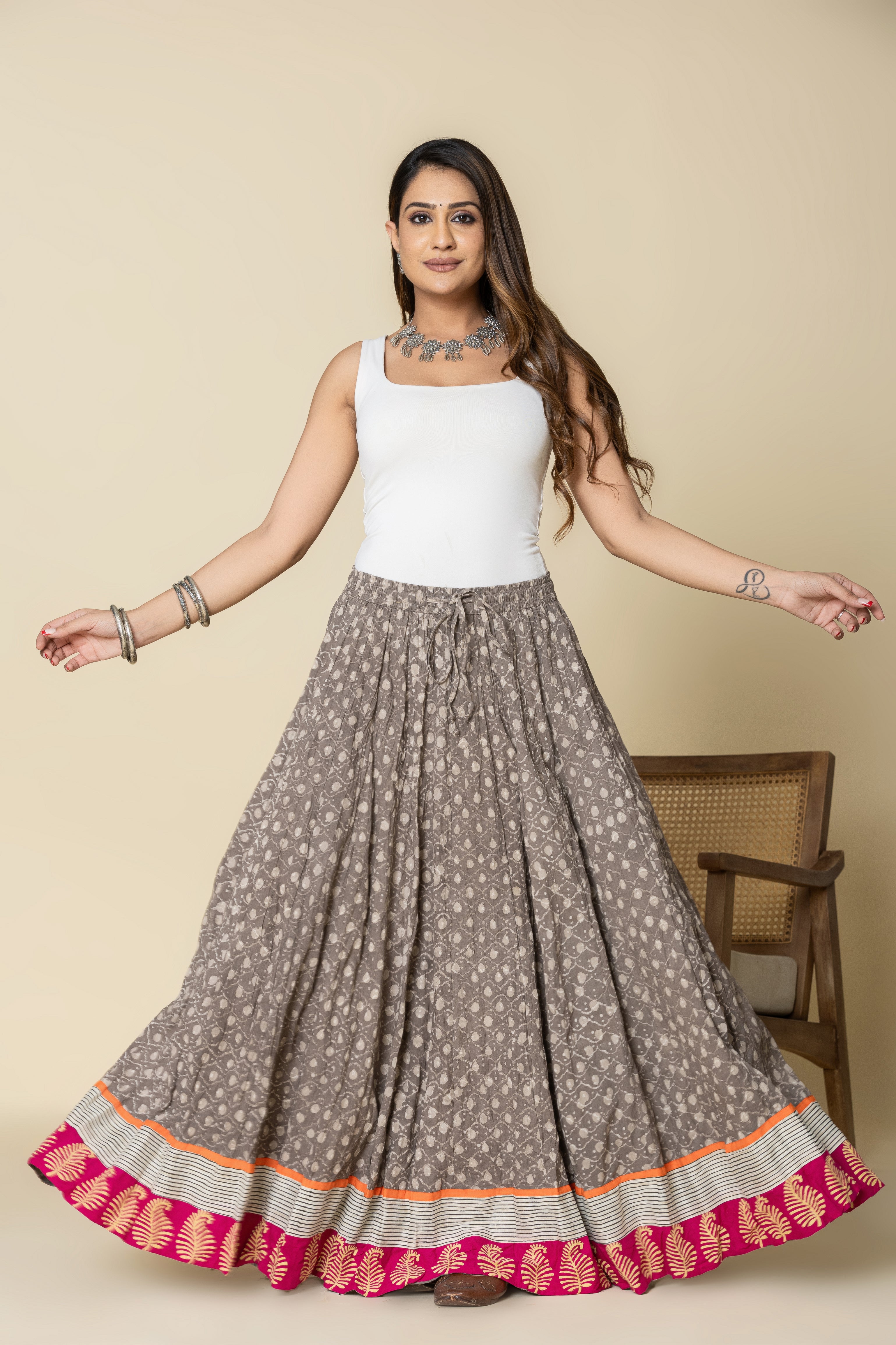 Grey Daboo Jharokhe Crinkled Cotton 28 Kali Kalidaar Skirt