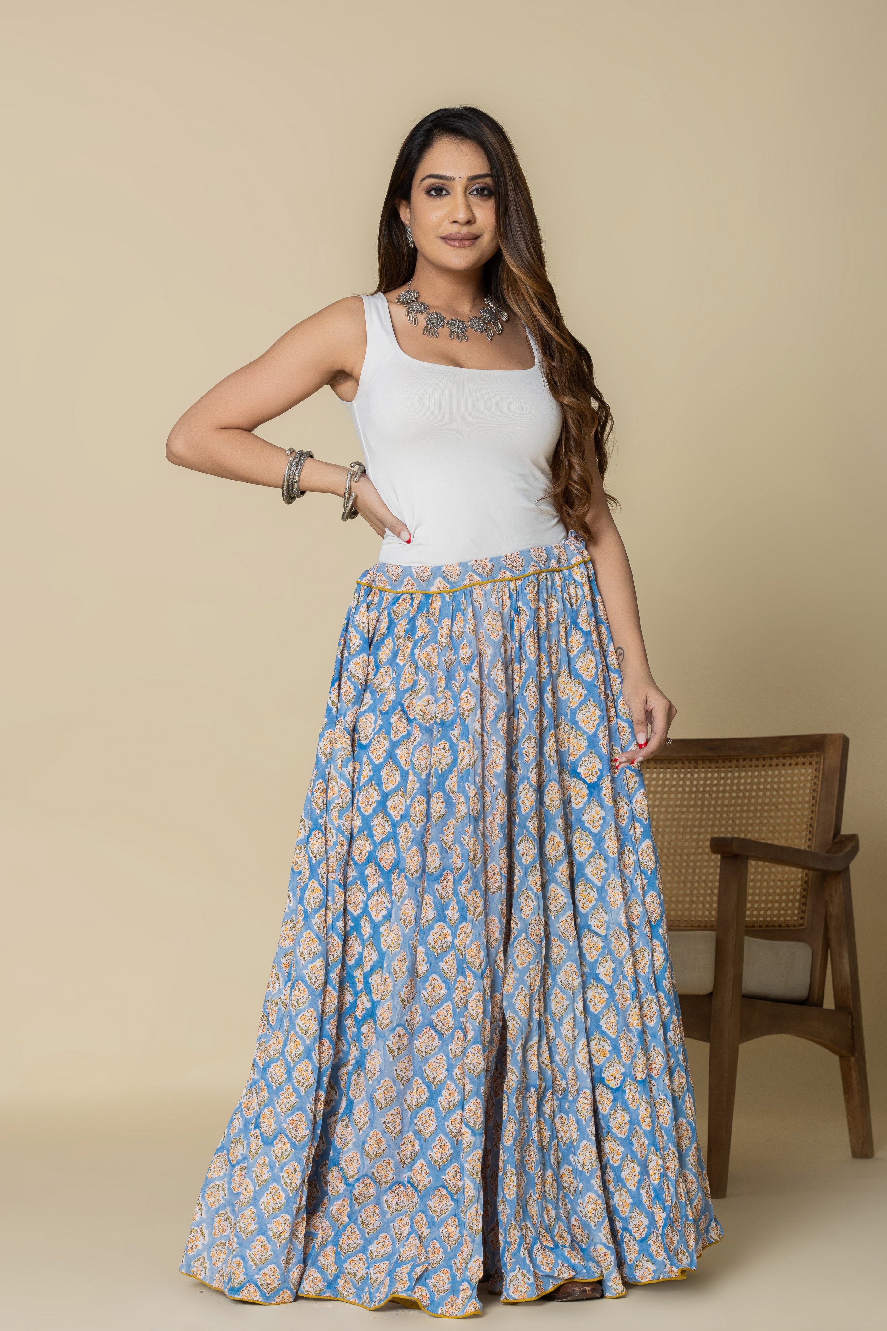 Sky Blue Hand Block Printed Crinkled Cotton Cambric 48 Kali Kalidaar Skirt