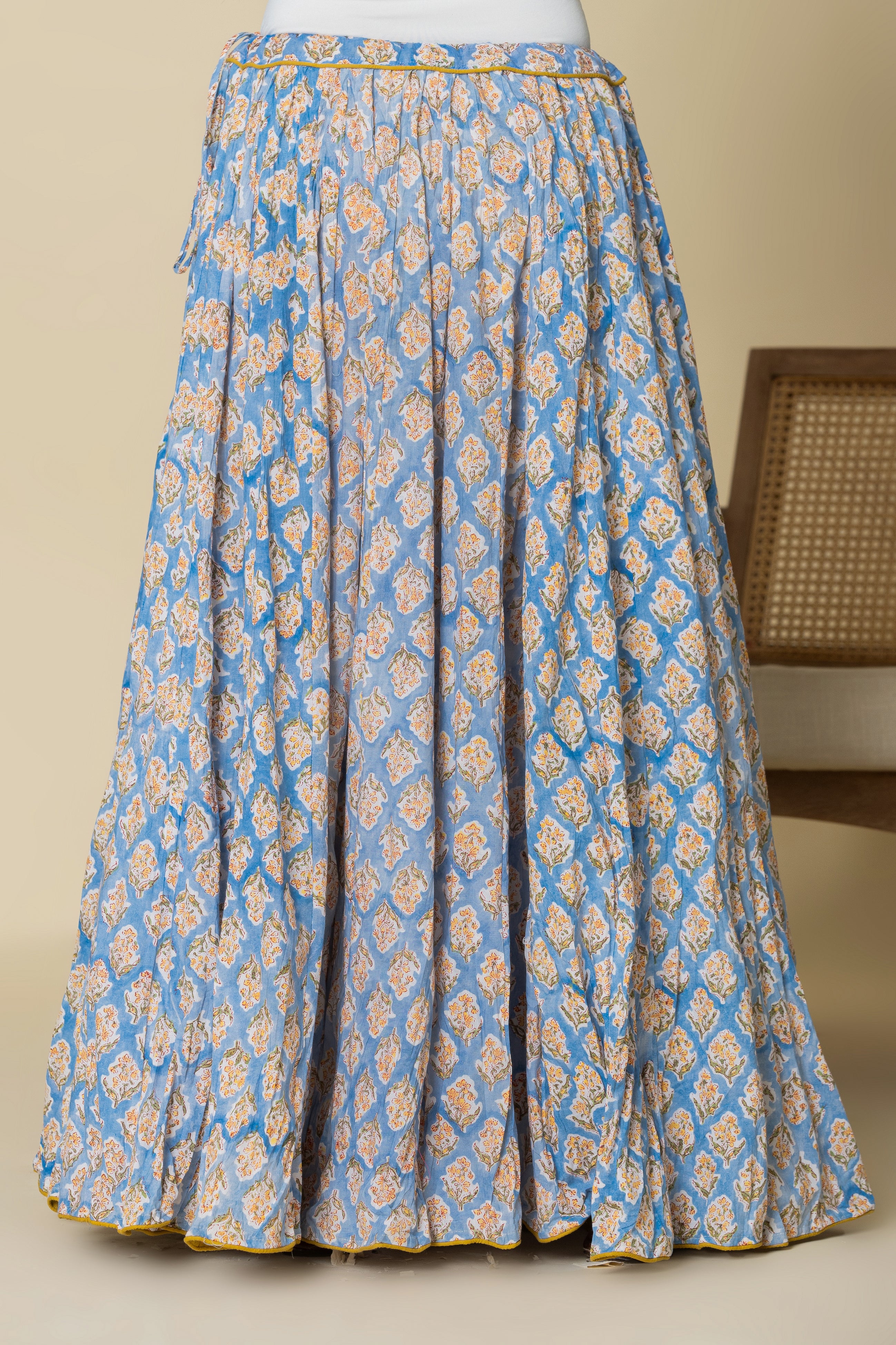 Sky Blue Hand Block Printed Crinkled Cotton Cambric 48 Kali Kalidaar Skirt