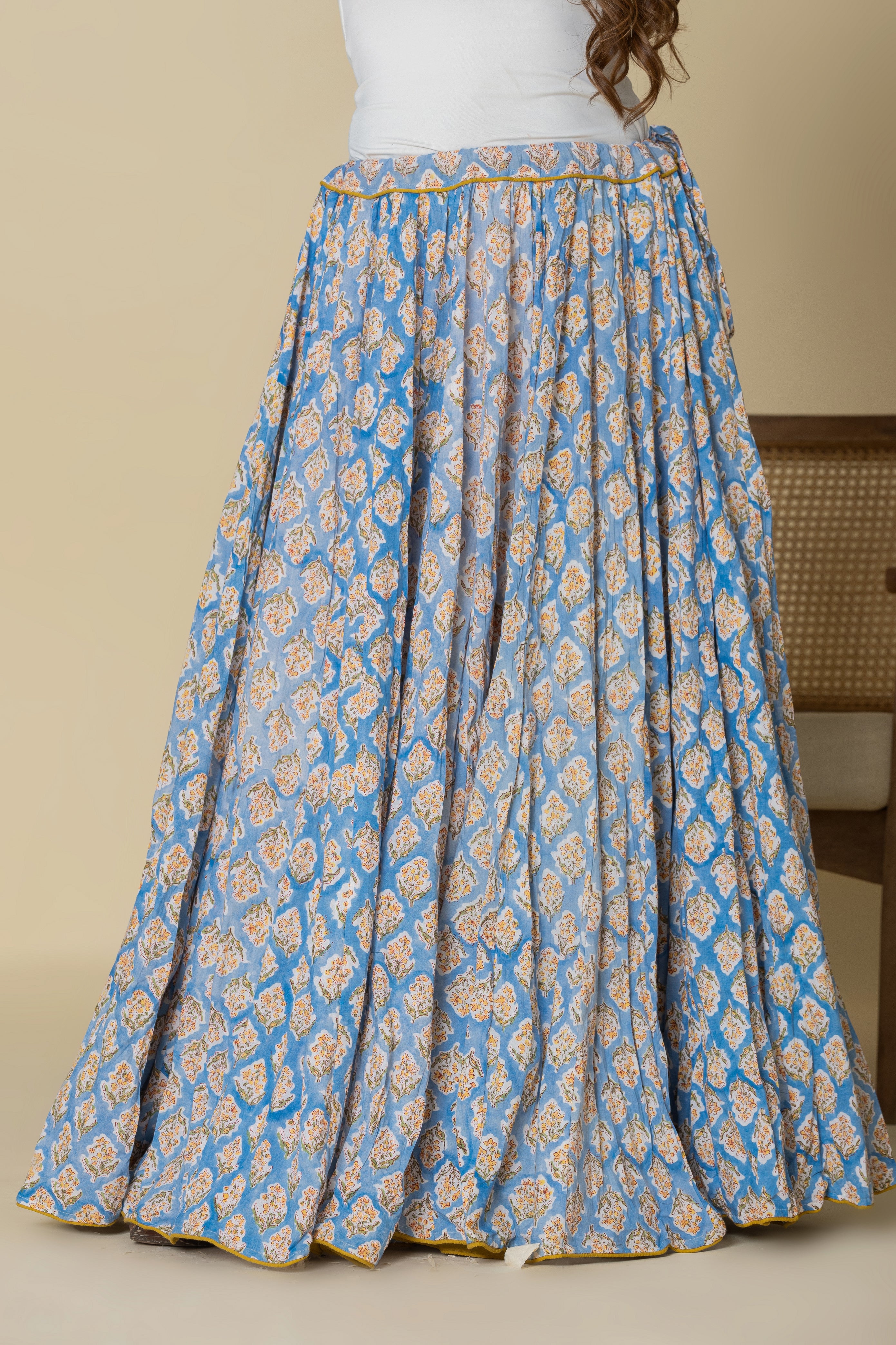 Sky Blue Hand Block Printed Crinkled Cotton Cambric 48 Kali Kalidaar Skirt