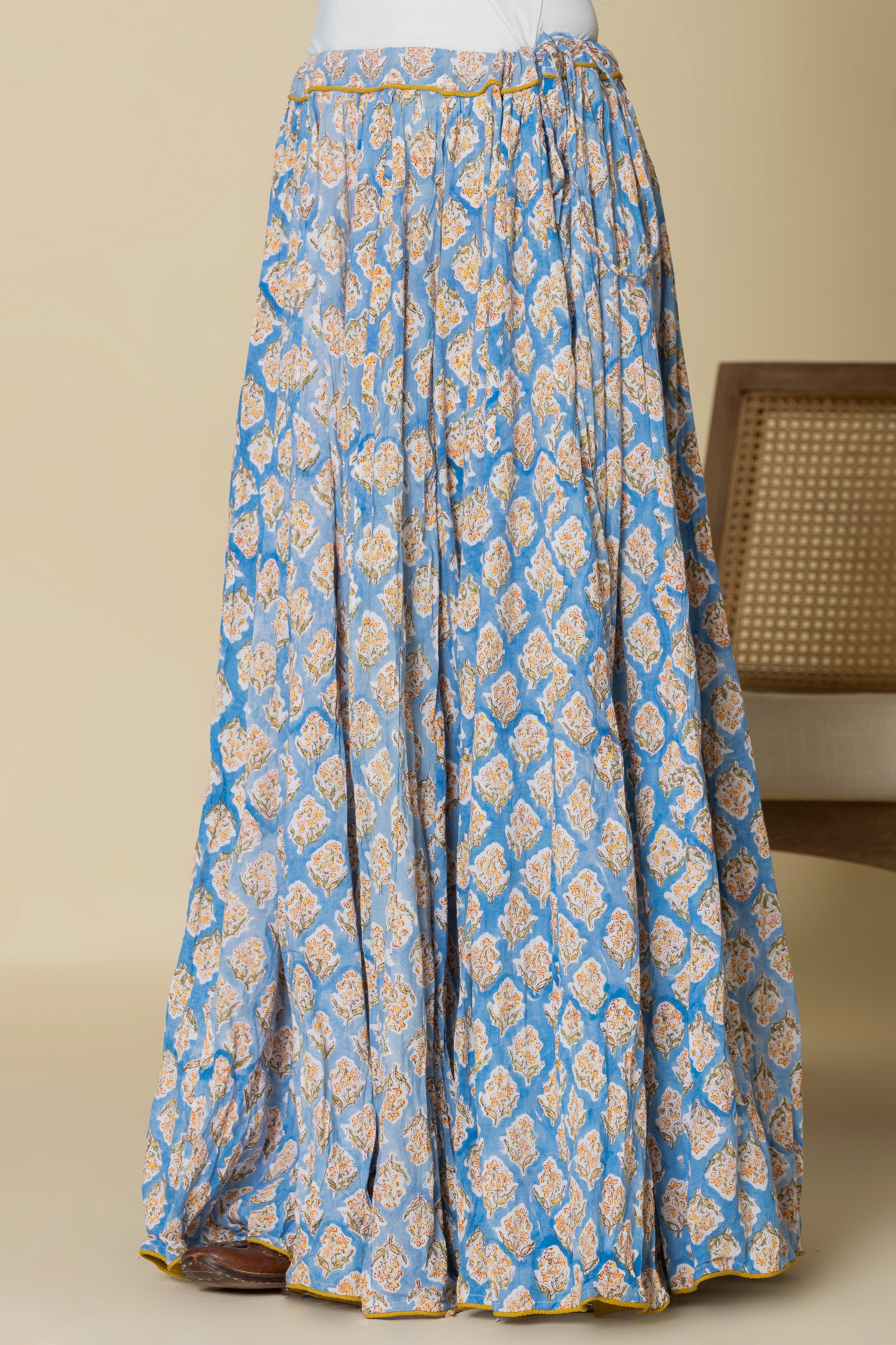 Sky Blue Hand Block Printed Crinkled Cotton Cambric 48 Kali Kalidaar Skirt