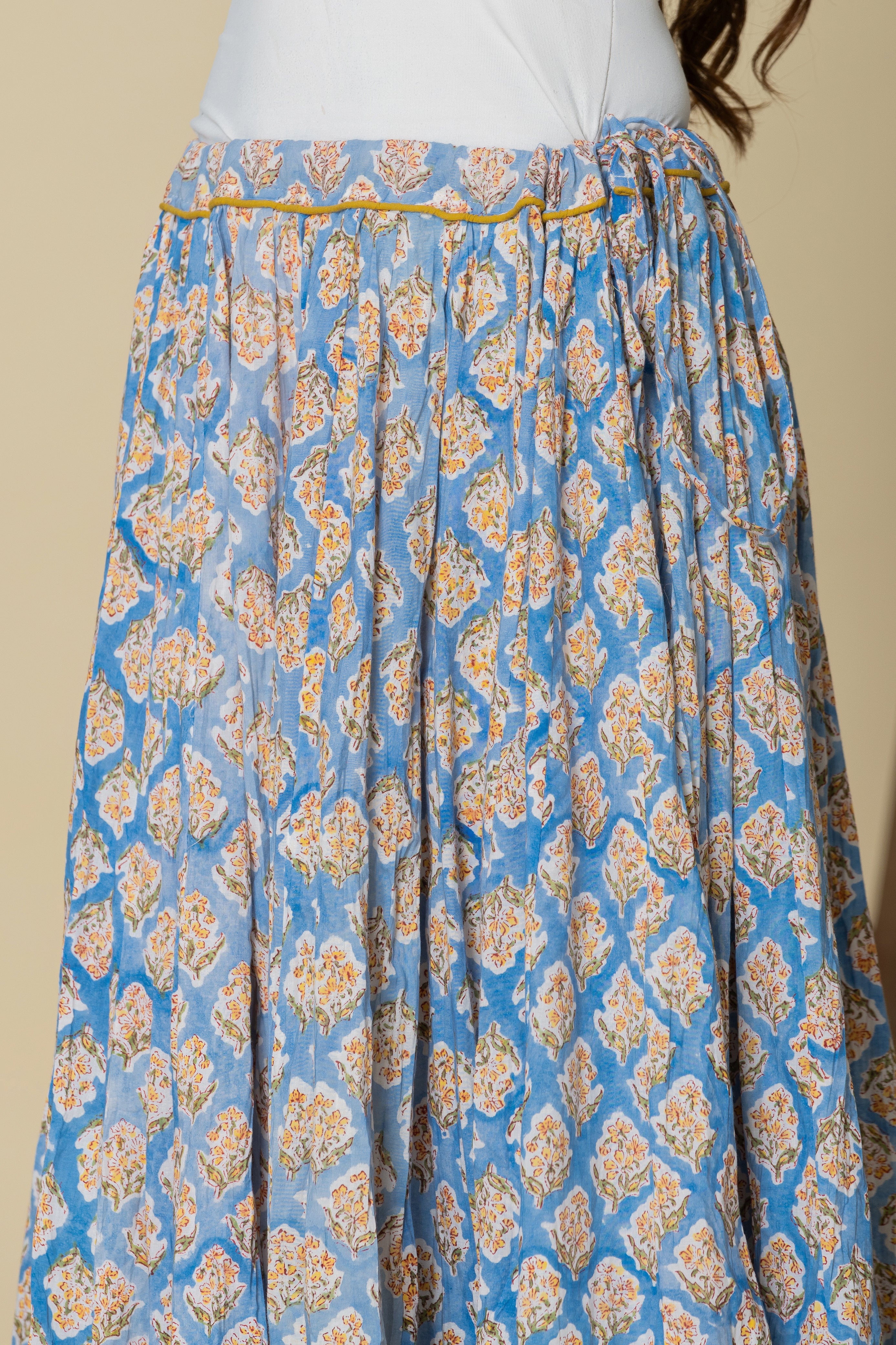 Sky Blue Hand Block Printed Crinkled Cotton Cambric 48 Kali Kalidaar Skirt