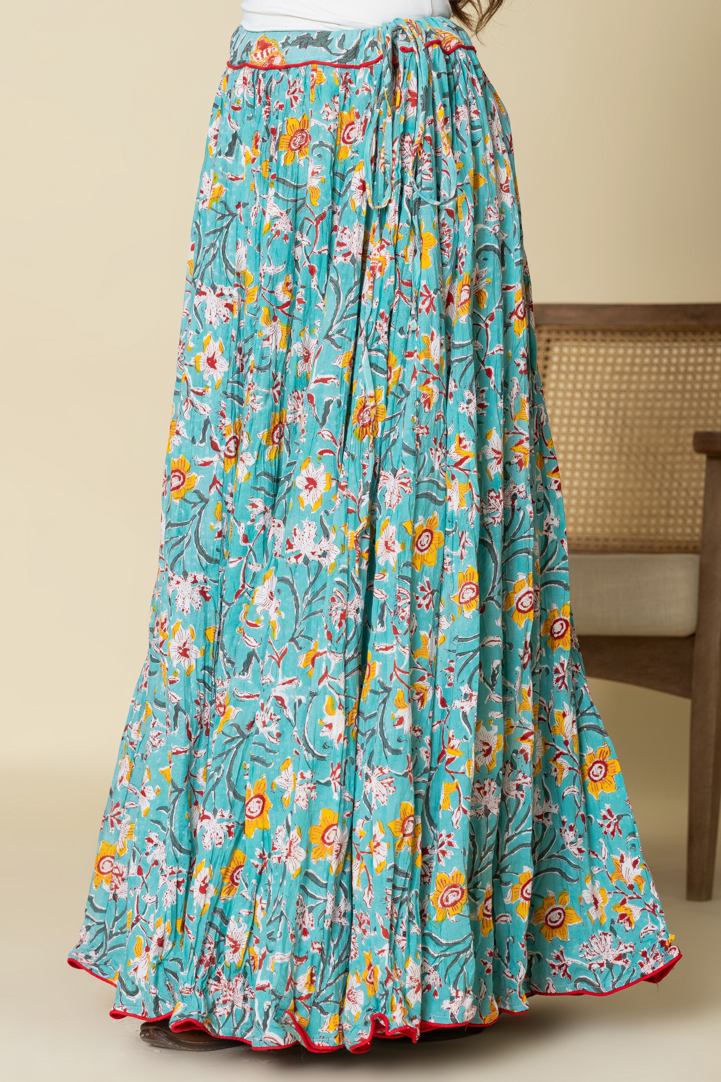 Firozi Hand Block Printed Crinkled Cotton Cambric 48 Kali Kalidaar Skirt