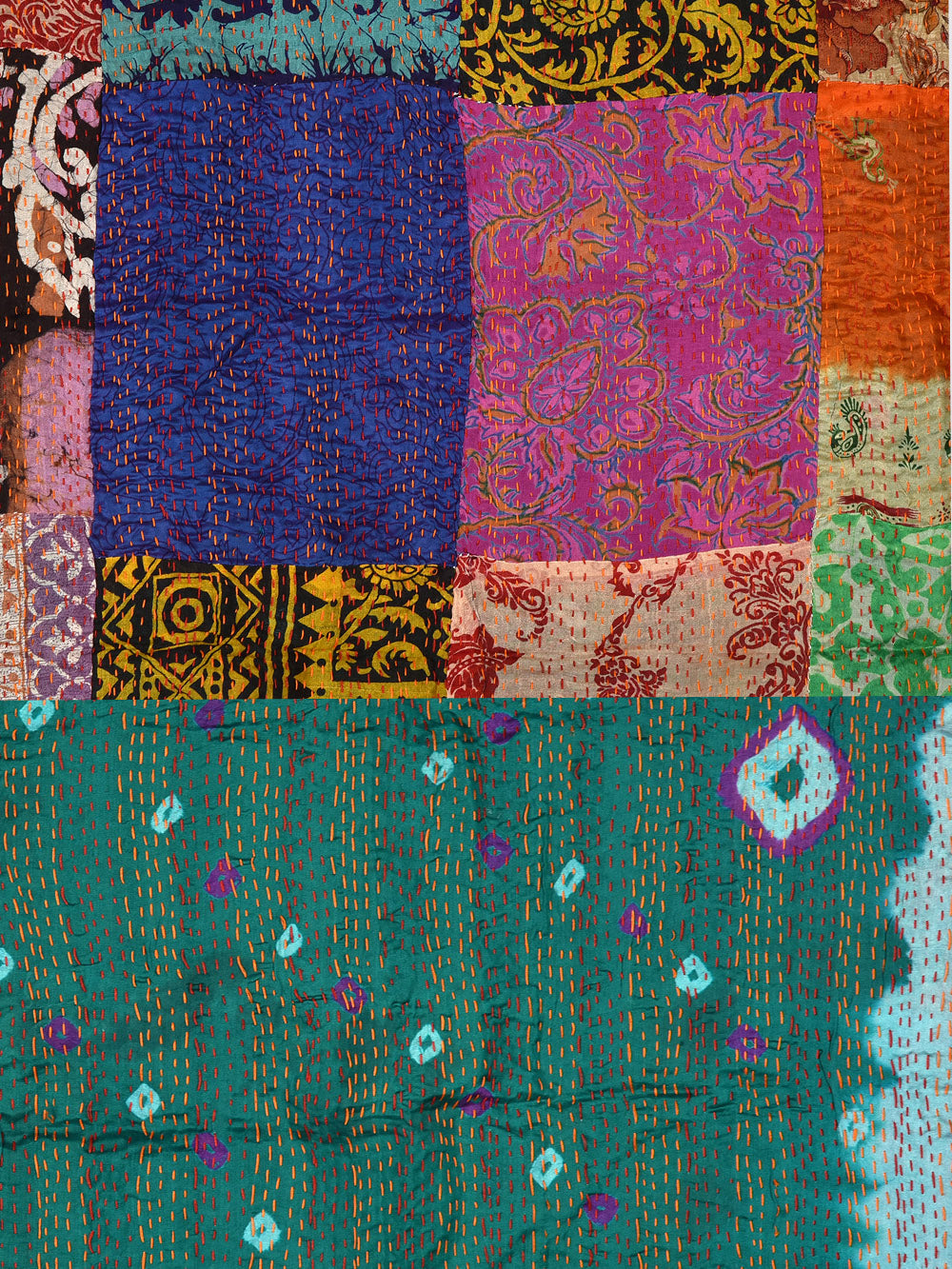 Teal Bandhini Pre-Loved Silk Sarees Kantha Patchwork Stole
