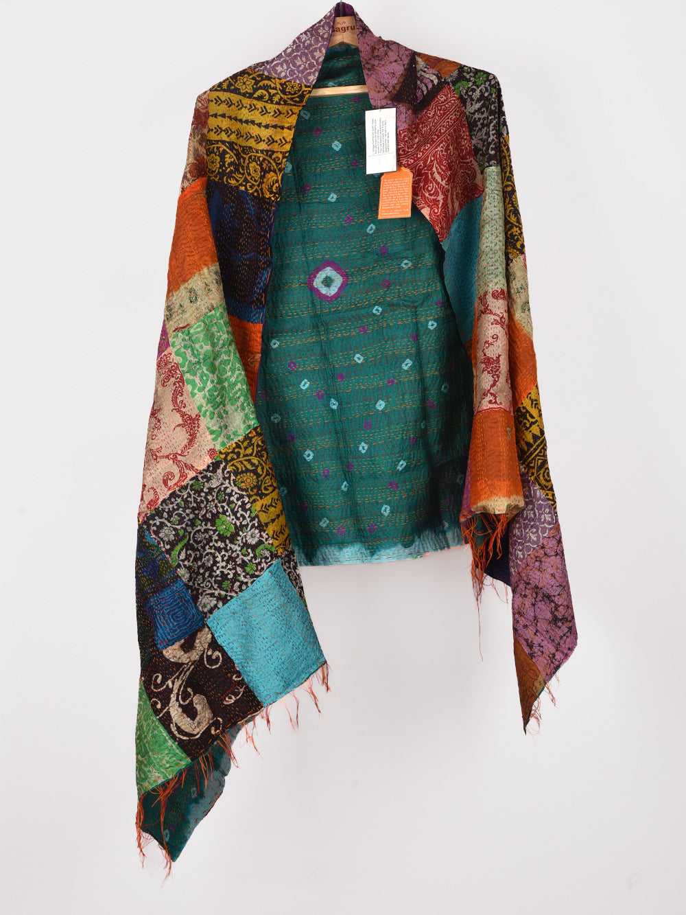 Teal Bandhini Pre-Loved Silk Sarees Kantha Patchwork Stole