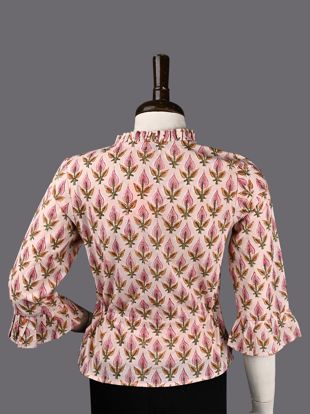 Pastel Pink Leafy Booti Hand Block Printed Cotton Long Blouse