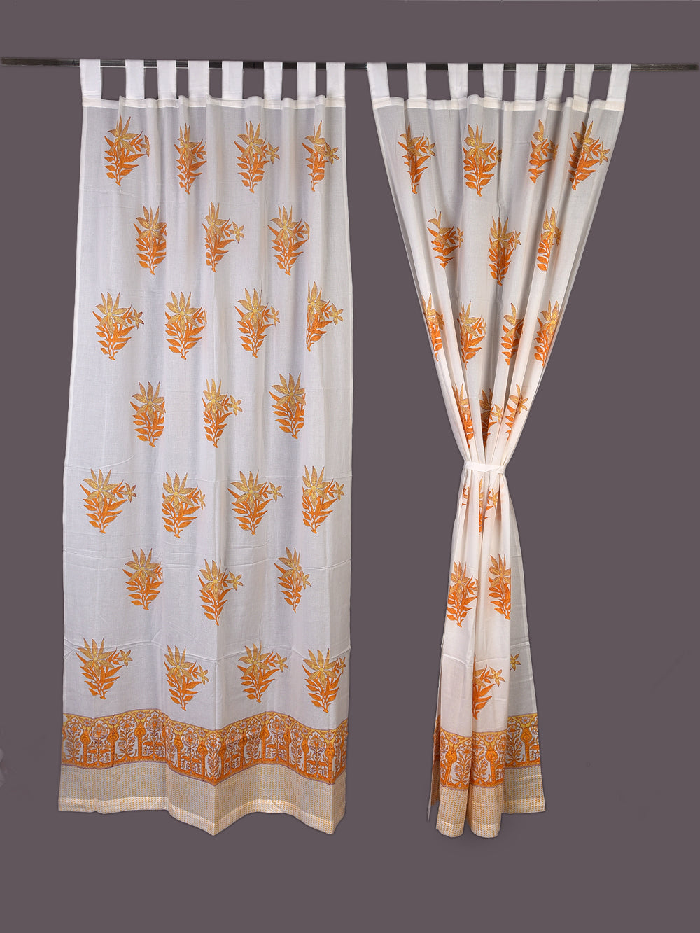 Hand Block Printed Yellow Mughal Boota Cotton Curtain Set