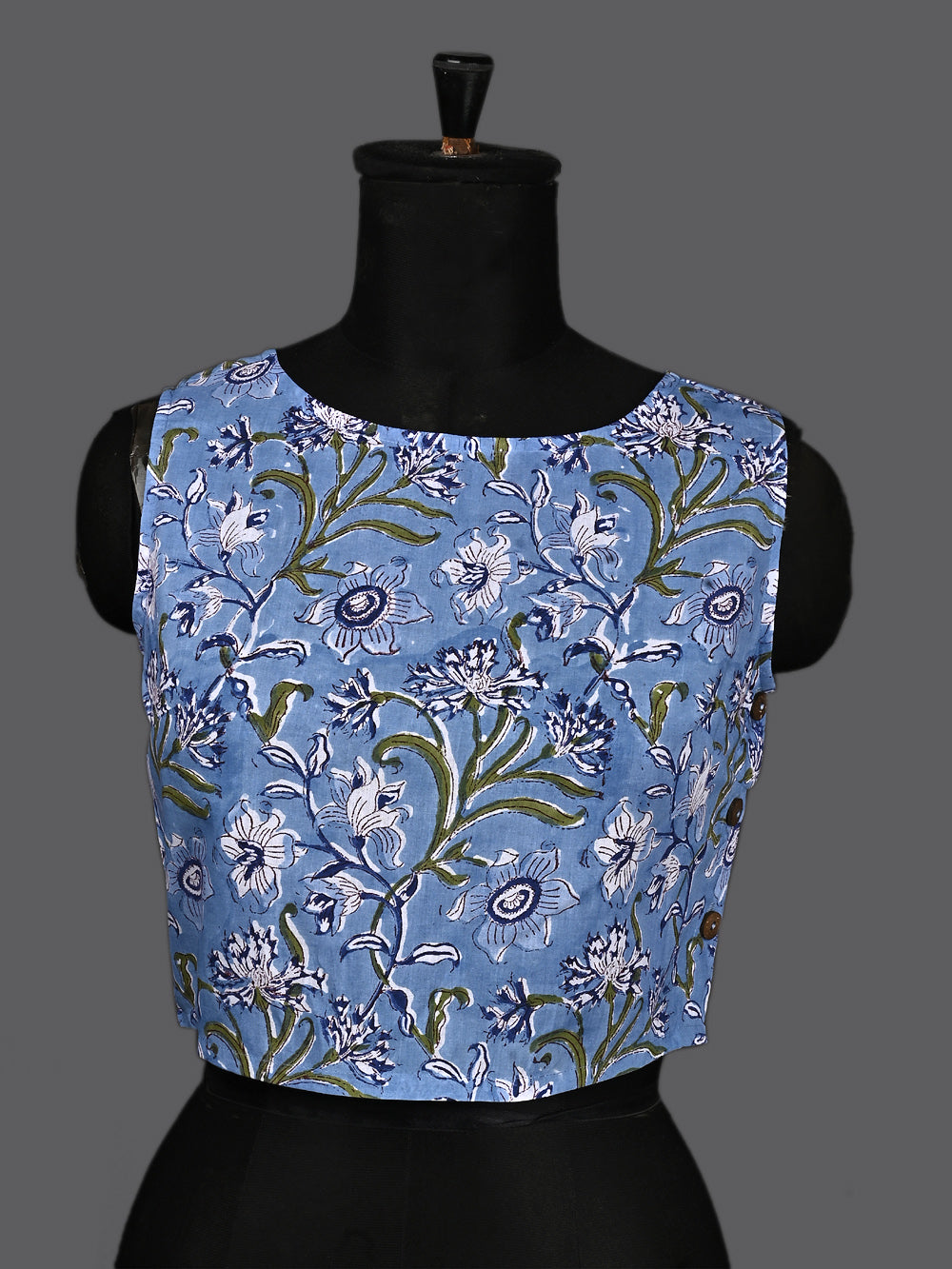 Serene Blue Floral Hand Block Printed Sleeveless Printed Cotton Blouse