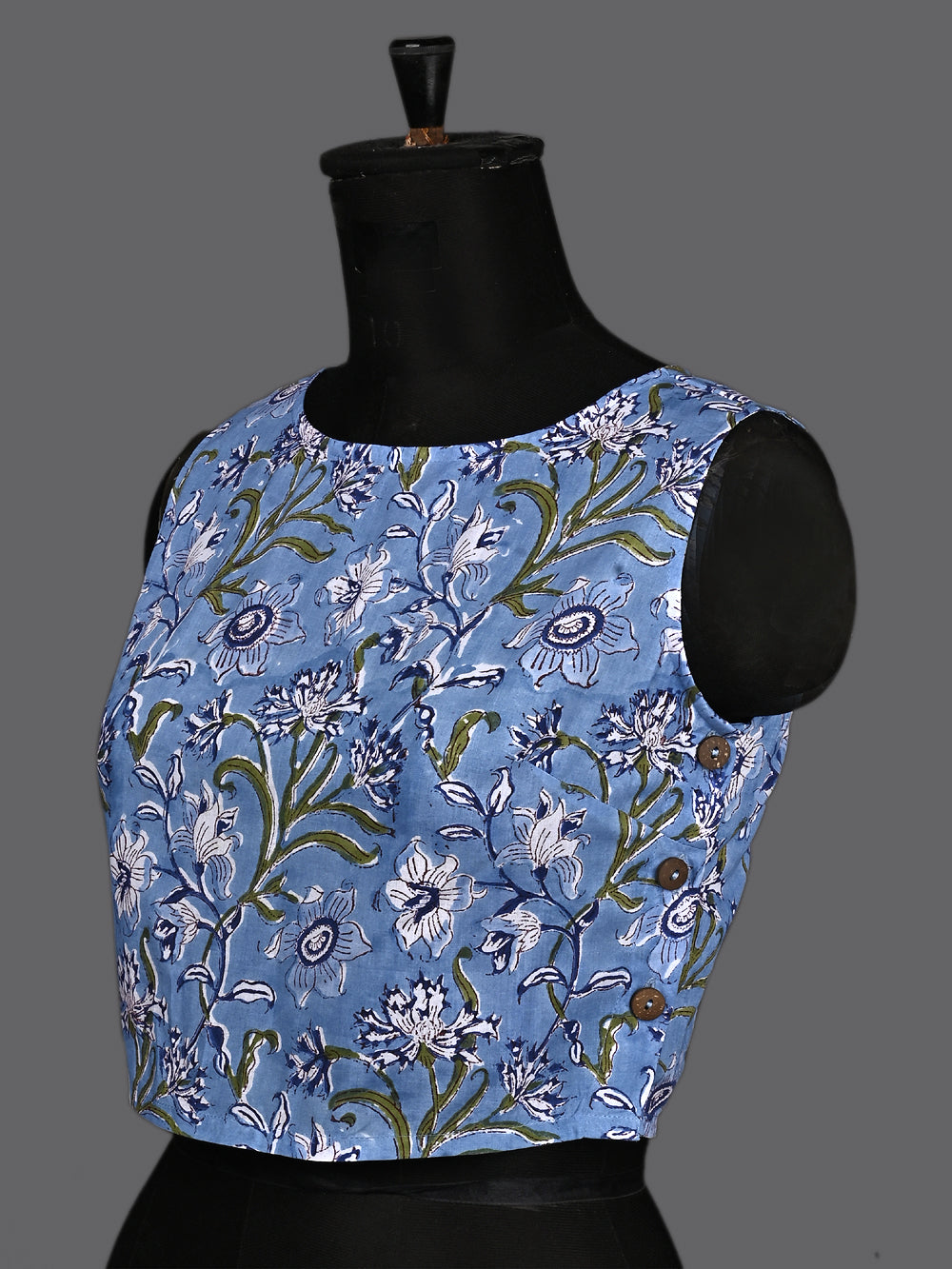 Serene Blue Floral Hand Block Printed Sleeveless Printed Cotton Blouse