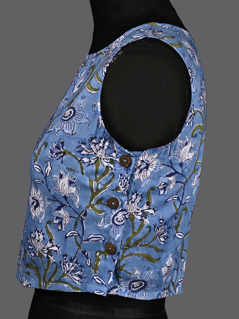 Serene Blue Floral Hand Block Printed Sleeveless Printed Cotton Blouse