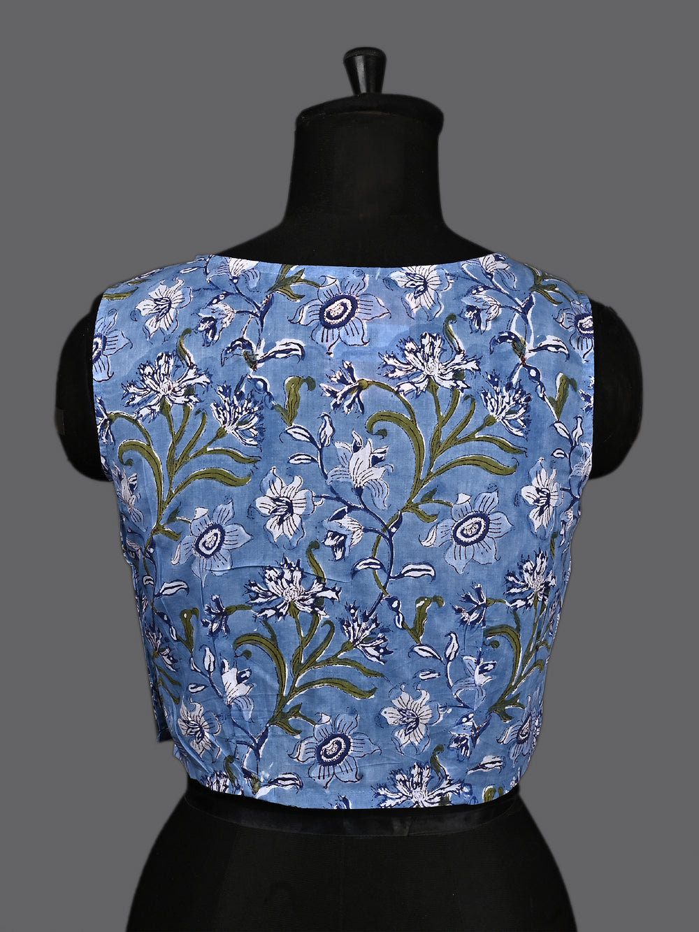 Serene Blue Floral Hand Block Printed Sleeveless Printed Cotton Blouse