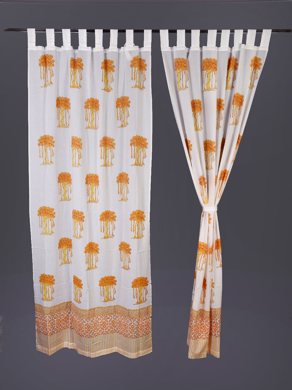 Hand Block Printed Yellow Kalpavriksh Cotton Curtain Set