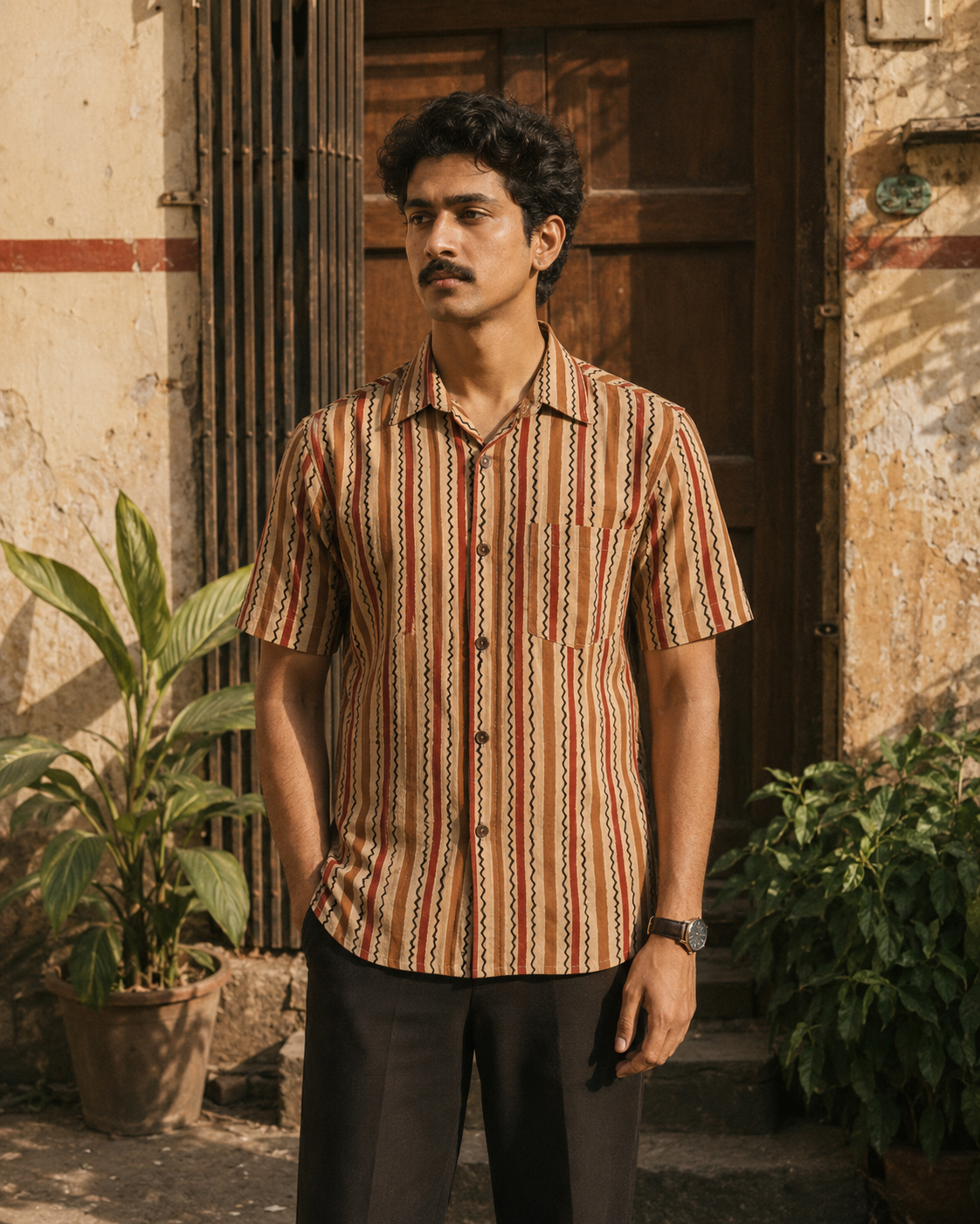 Bagru Stripe-Ziggy Cotton Mens Half Sleeve Shirts