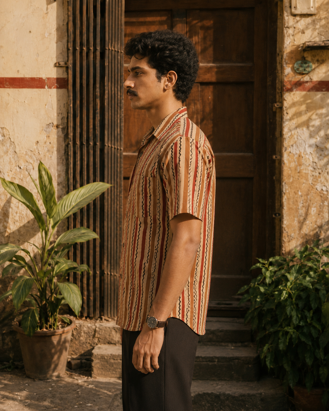 Bagru Stripe-Ziggy Cotton Mens Half Sleeve Shirts
