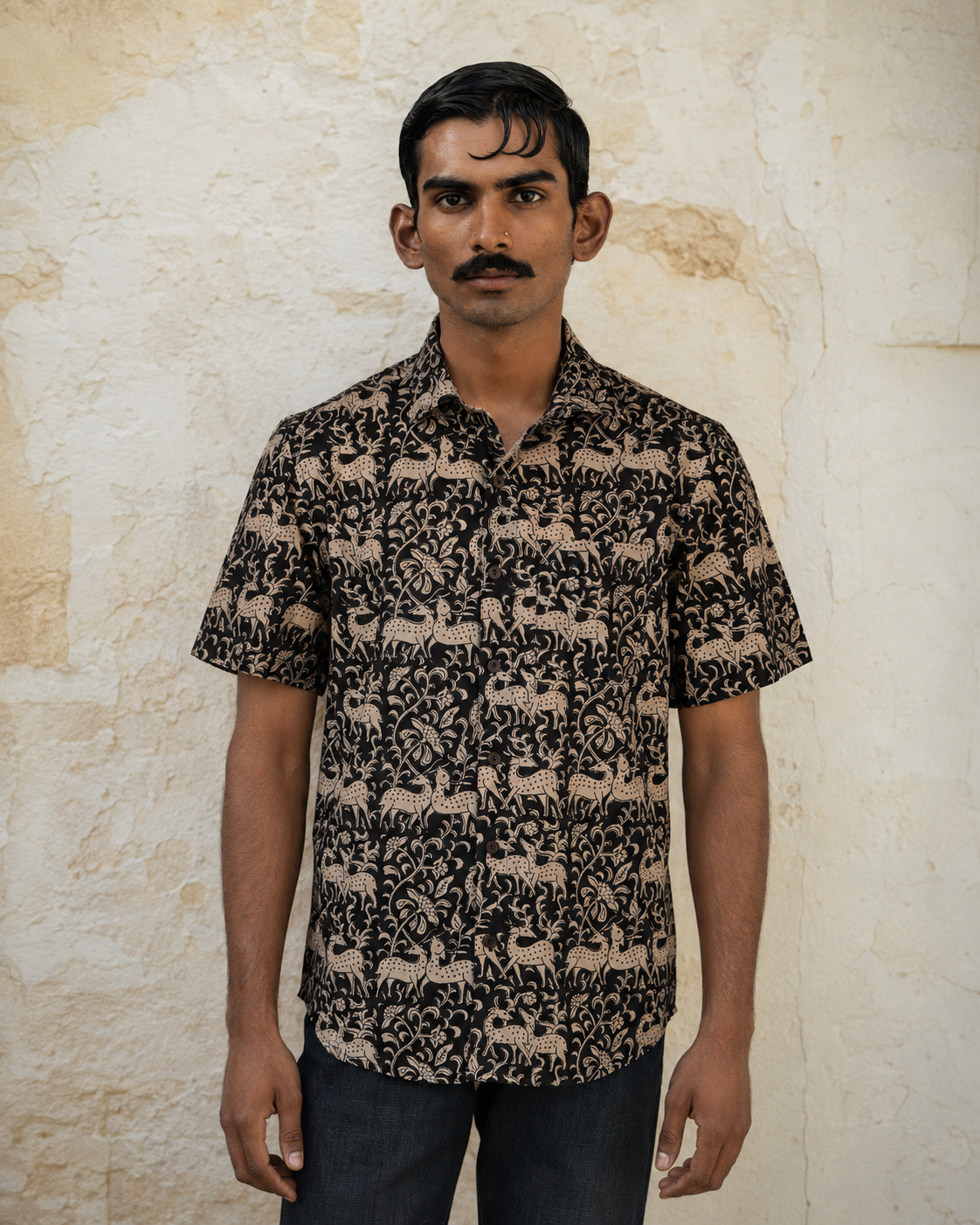 Black Hiran Cotton Mens Half Sleeve Shirts