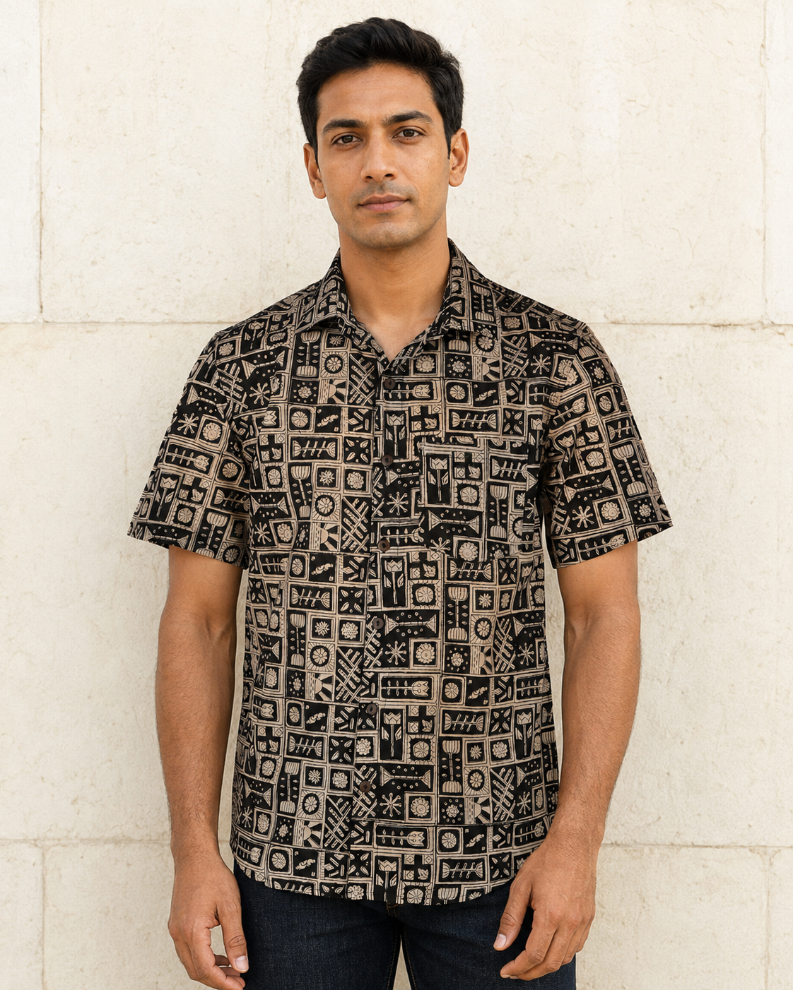 Bagru Black Lotus Cotton Mens Half Sleeve Shirts