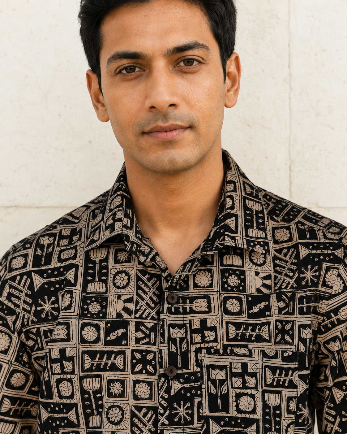 Bagru Black Lotus Cotton Mens Half Sleeve Shirts