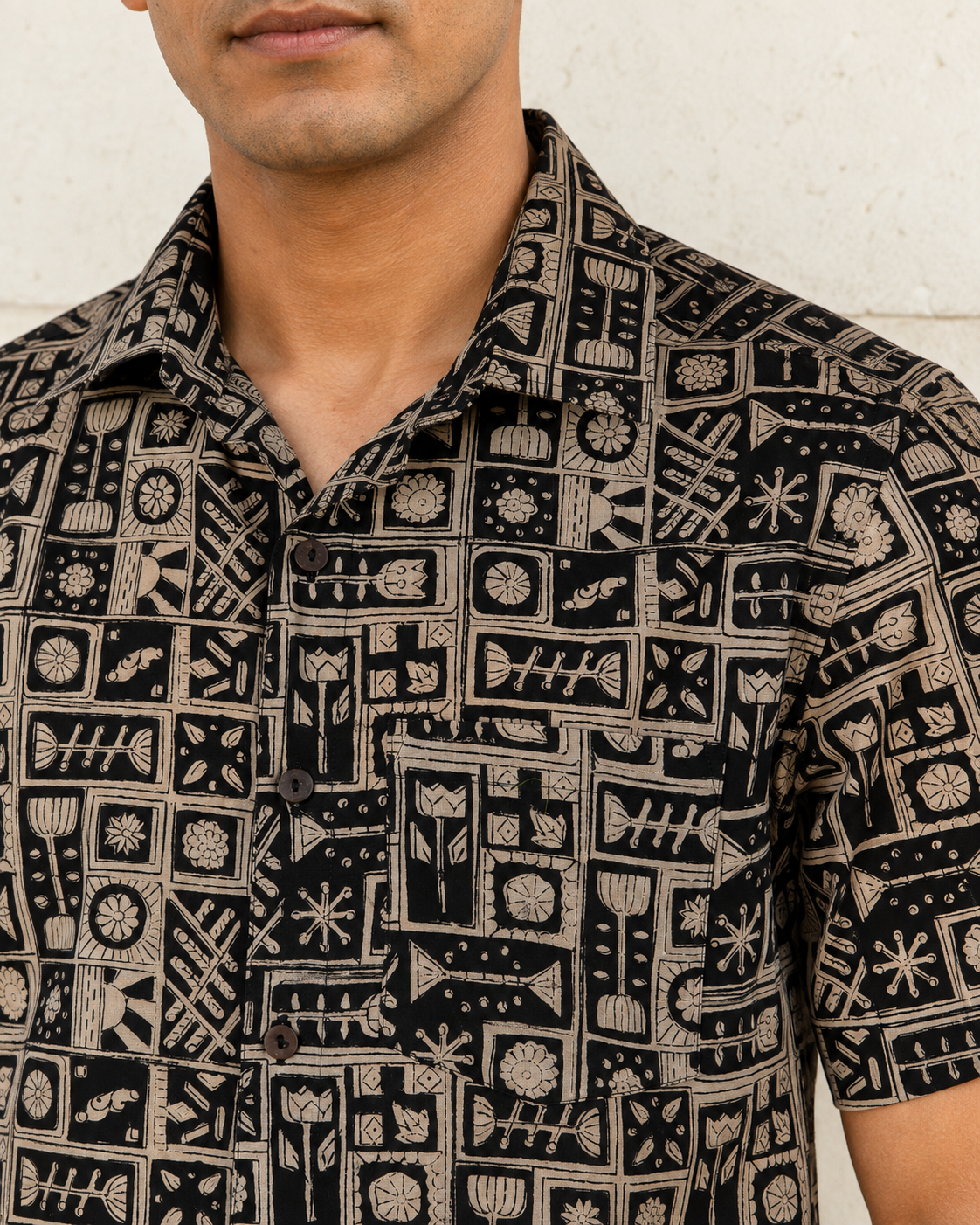 Bagru Black Lotus Cotton Mens Half Sleeve Shirts