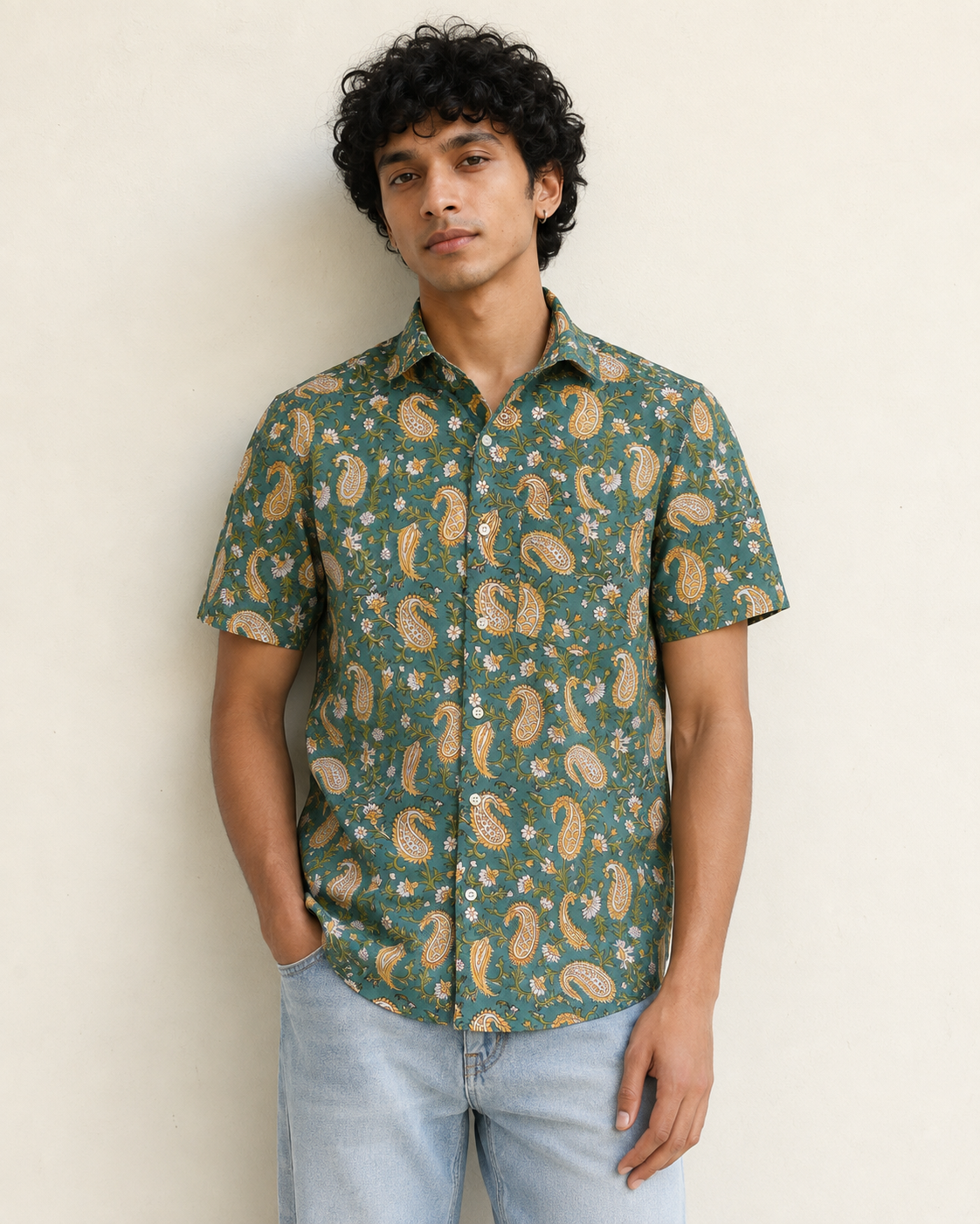 Green Paisley Cotton Mens Half Sleeve Shirts