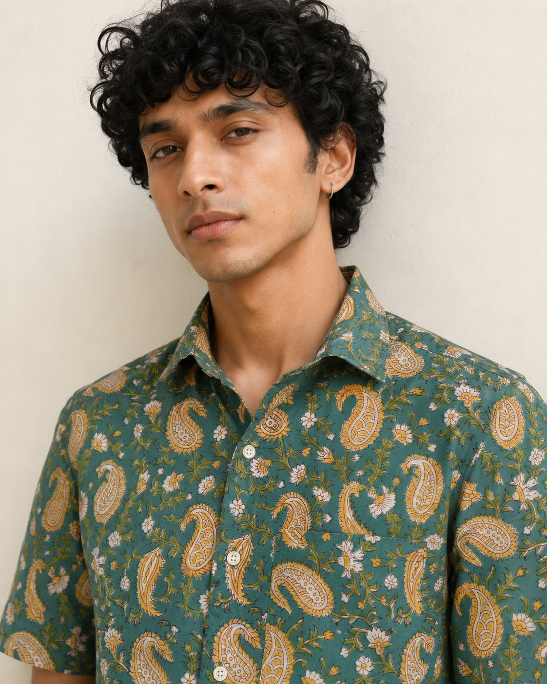 Green Paisley Cotton Mens Half Sleeve Shirts