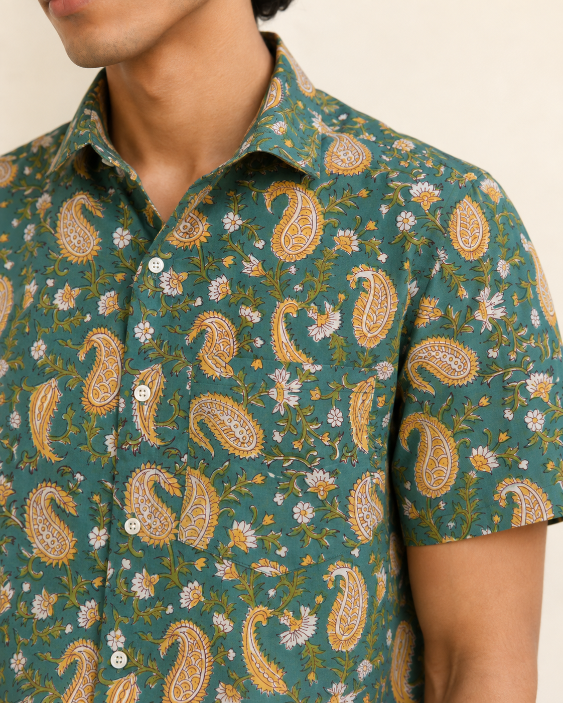 Green Paisley Cotton Mens Half Sleeve Shirts