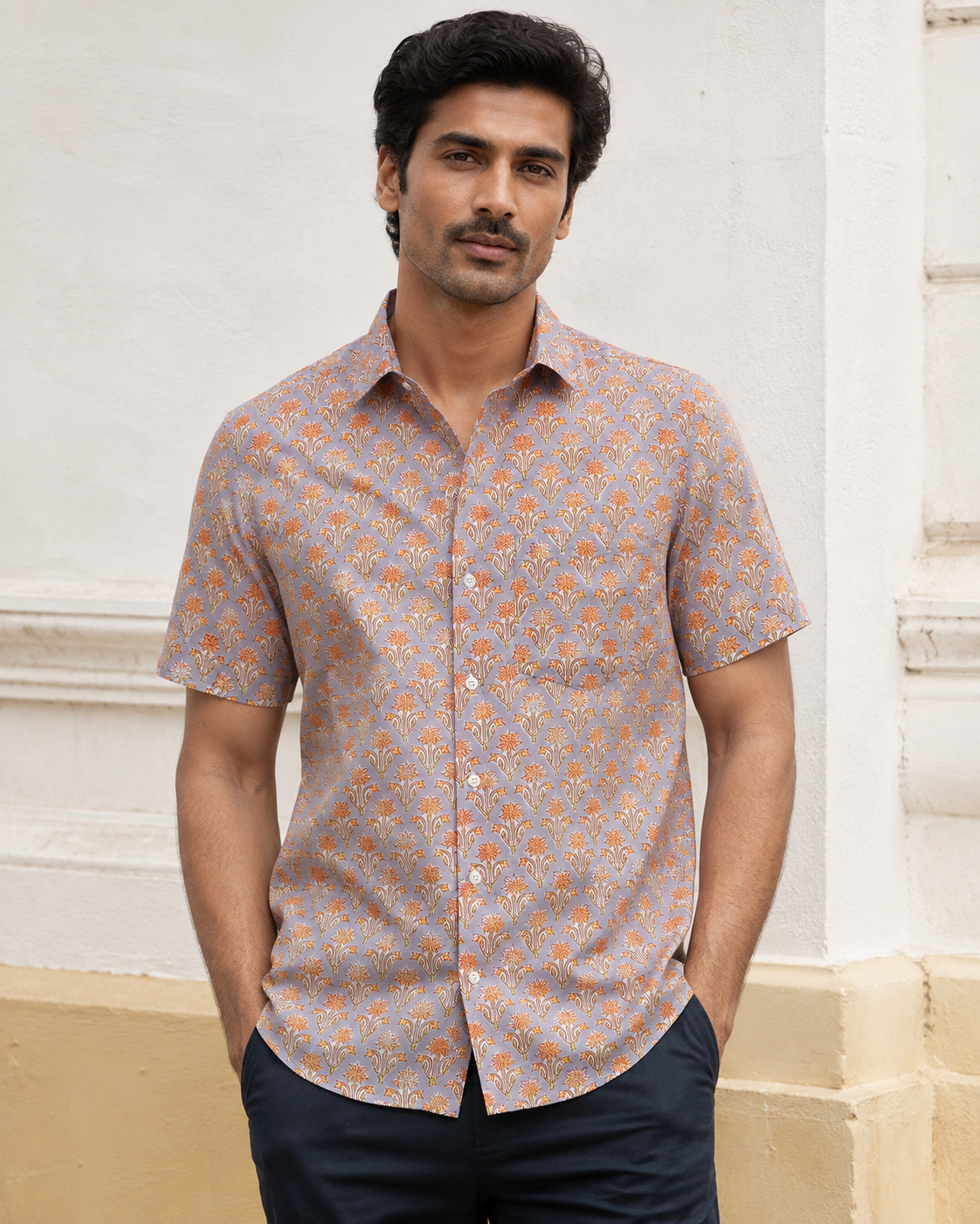 English Grey Booti Cotton Mens Half Sleeve Shirts