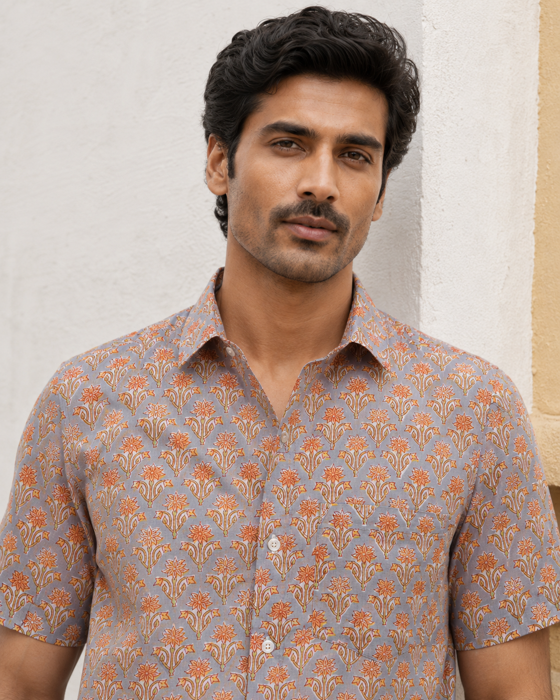 English Grey Booti Cotton Mens Half Sleeve Shirts