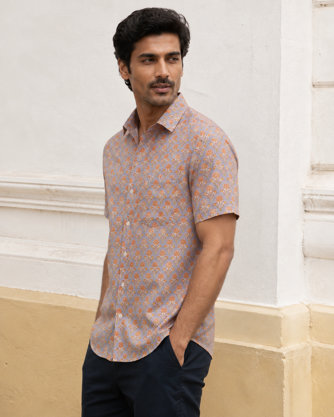 English Grey Booti Cotton Mens Half Sleeve Shirts