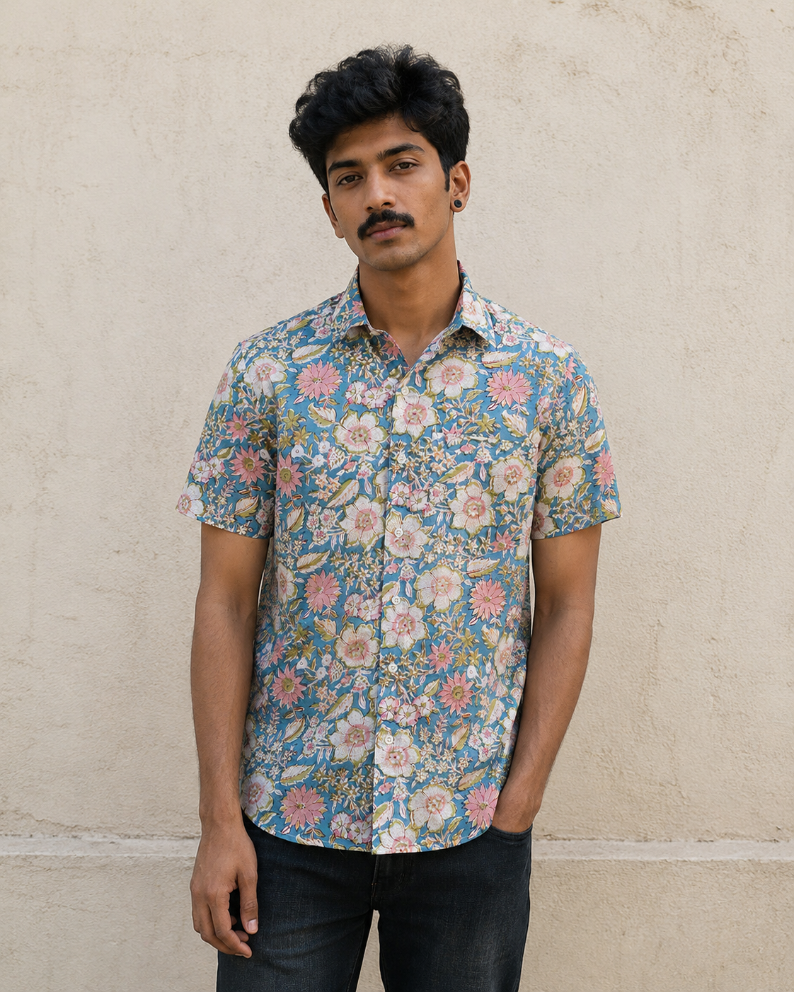 Sky Blue Bagaan Cotton Mens Half Sleeve Shirts