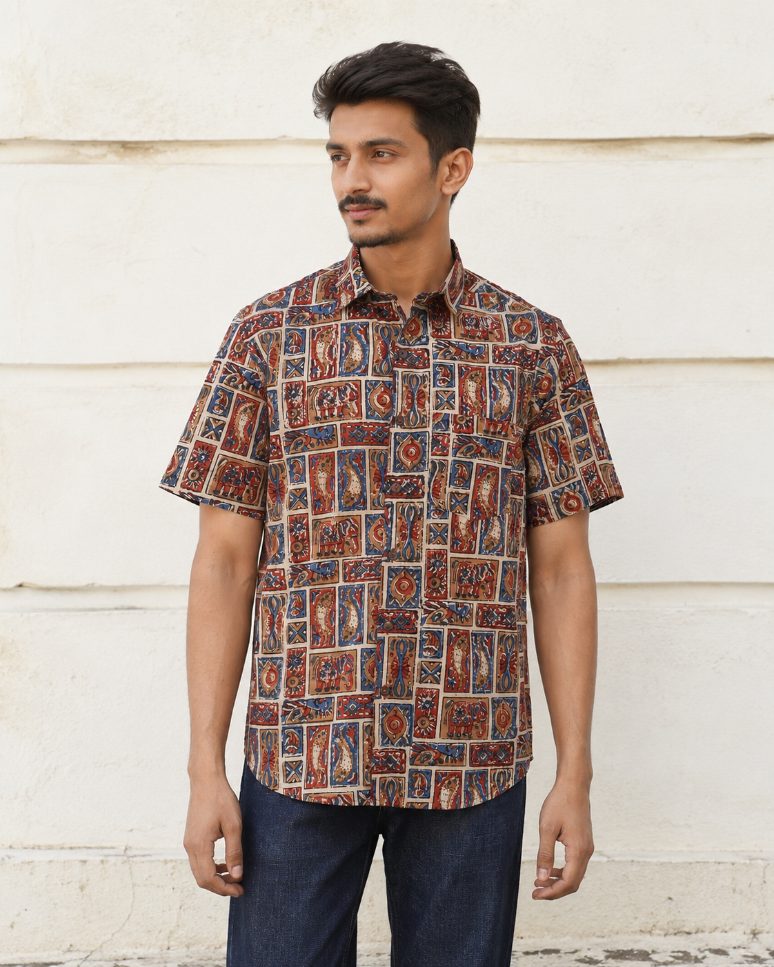 Bagru Kalamkari Cotton Mens Half Sleeve Shirts