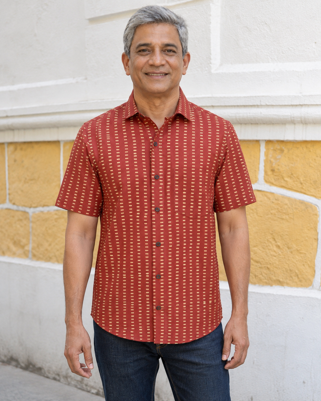 Red Dashes Cotton Mens Half Sleeve Shirts