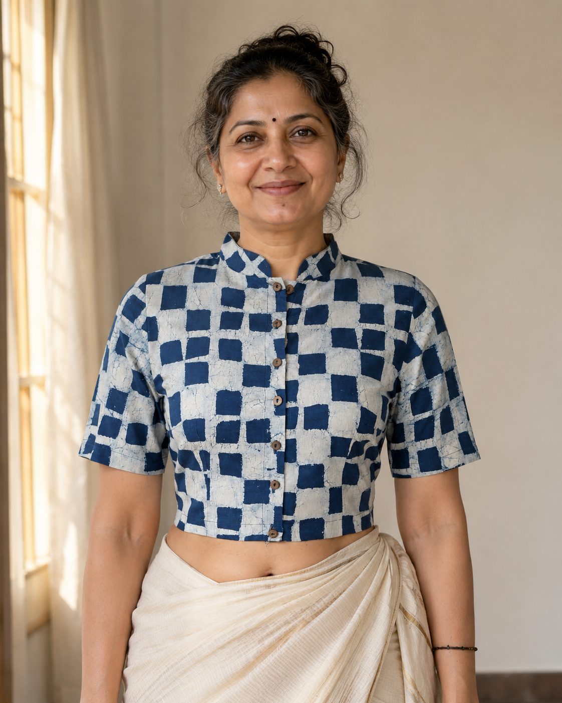 Indigo Daboo Pixelated Print Hand Block Printed Cotton Blouse