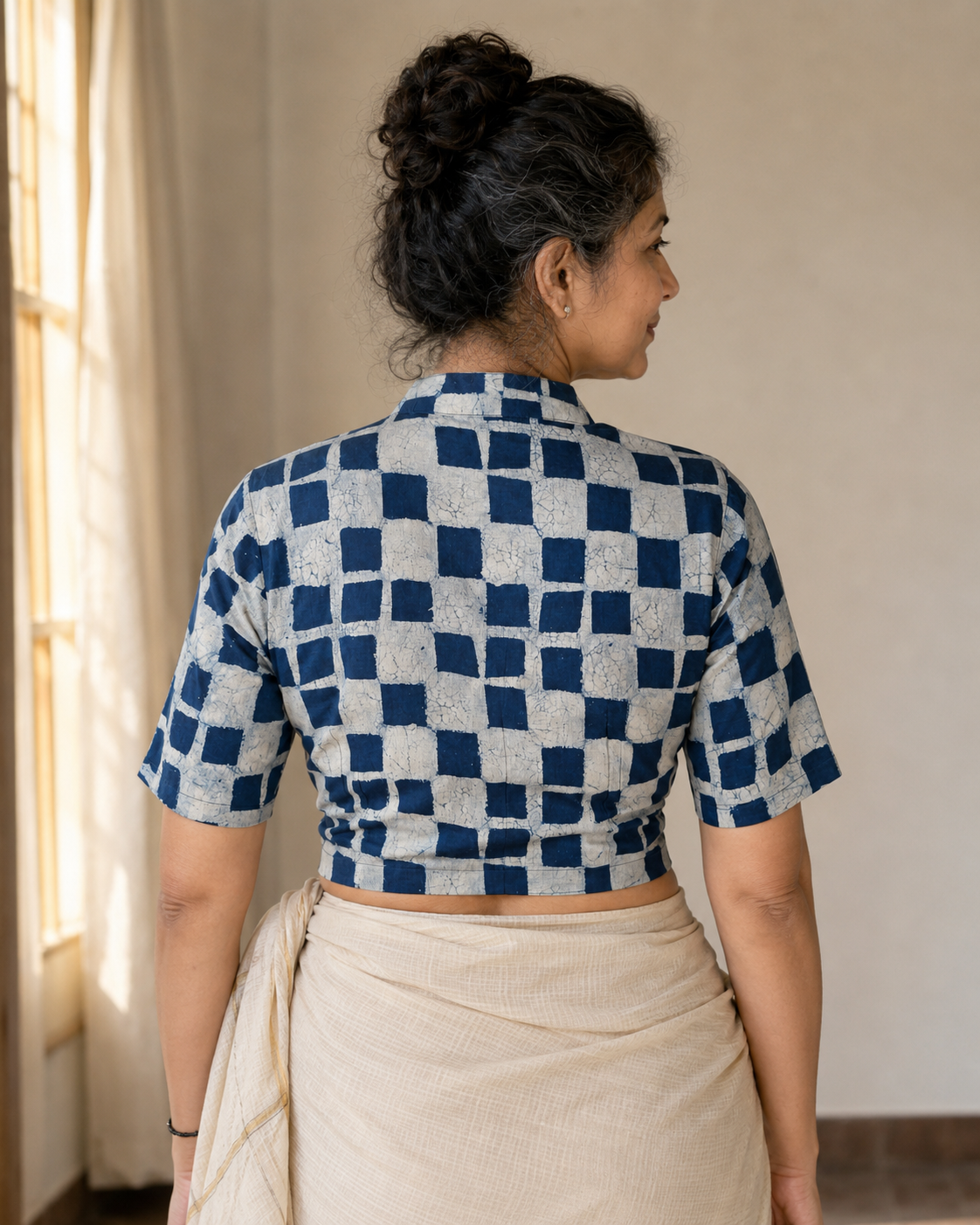 Indigo Daboo Pixelated Print Hand Block Printed Cotton Blouse