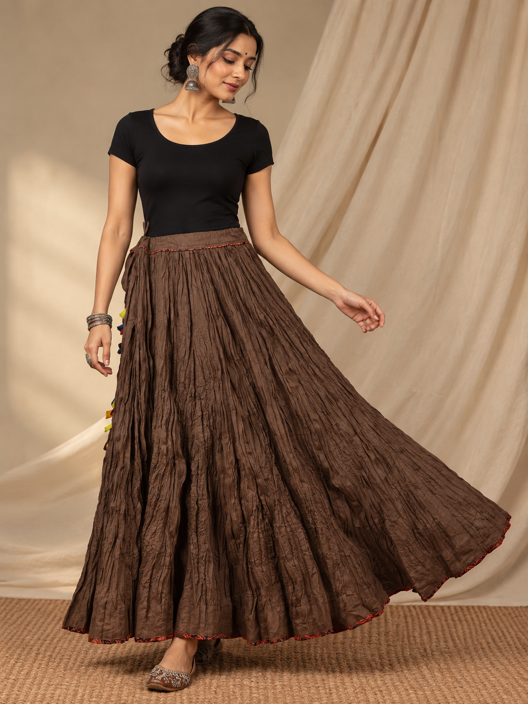 Brownish Grey Plain Dyed Crinkled Cotton Mul mul 100 Kali Kalidaar Skirt