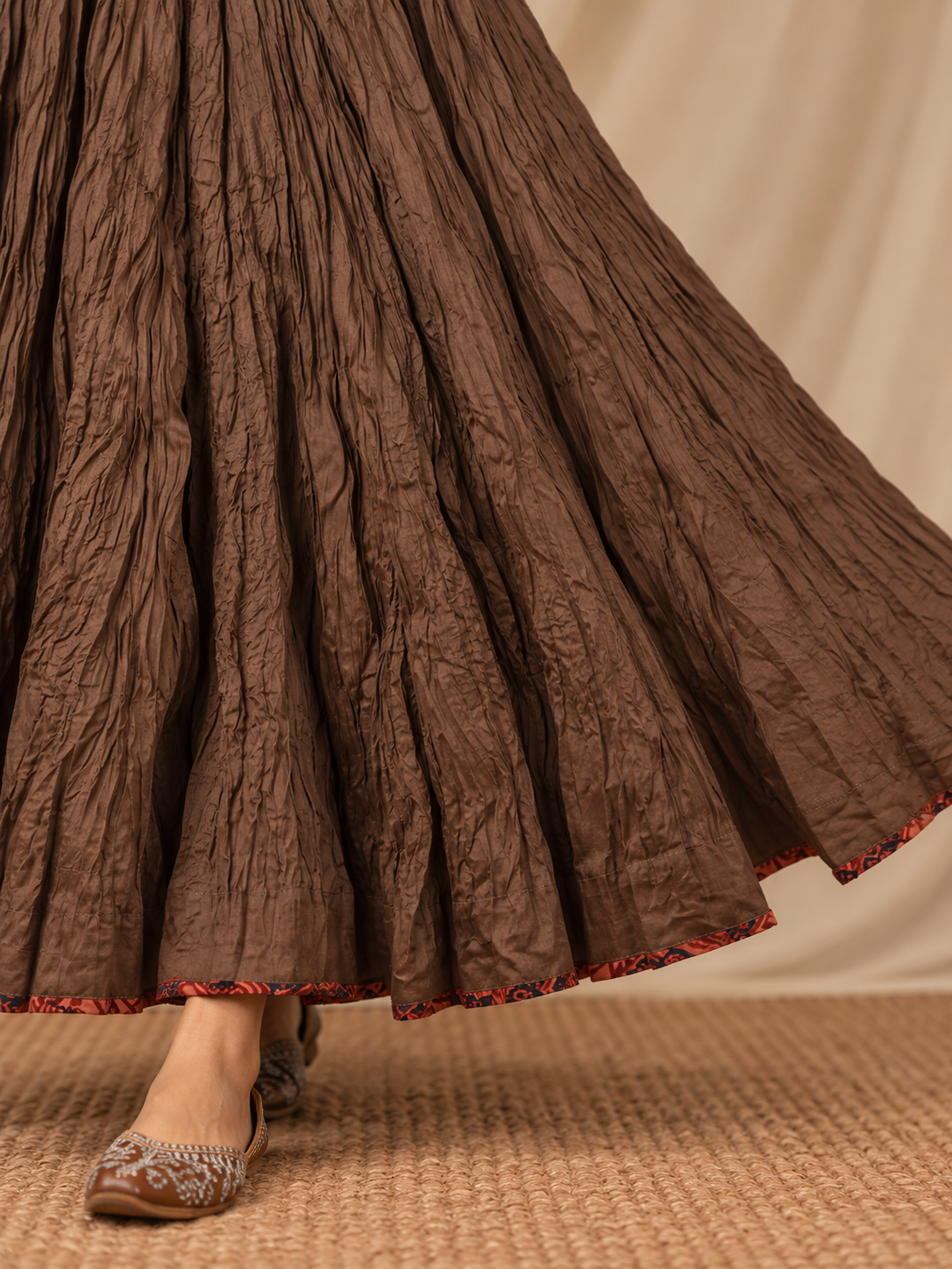 Brownish Grey Plain Dyed Crinkled Cotton Mul mul 100 Kali Kalidaar Skirt