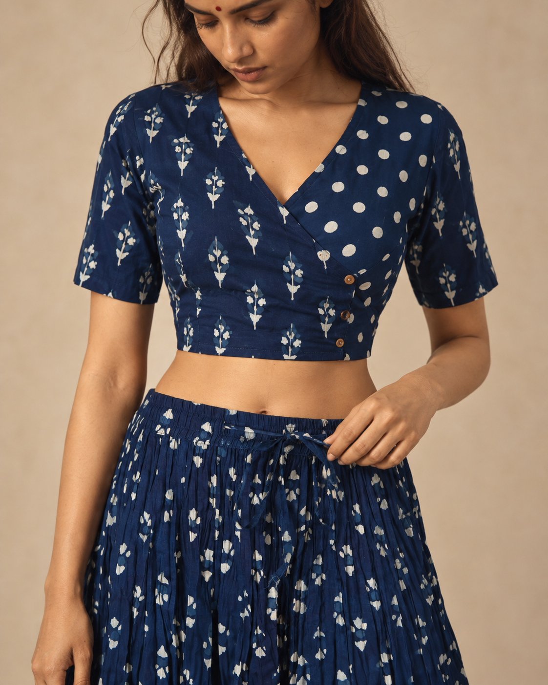 Daboo Indigo Abstract Hand Block Printed Crinkled Cotton 28 Kali Kalidaar Skirt