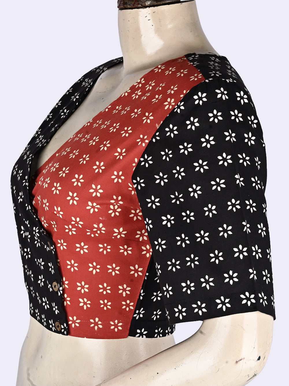 Red-Black Harsinghar Angrakha Hand Block Printed Cotton Blouse