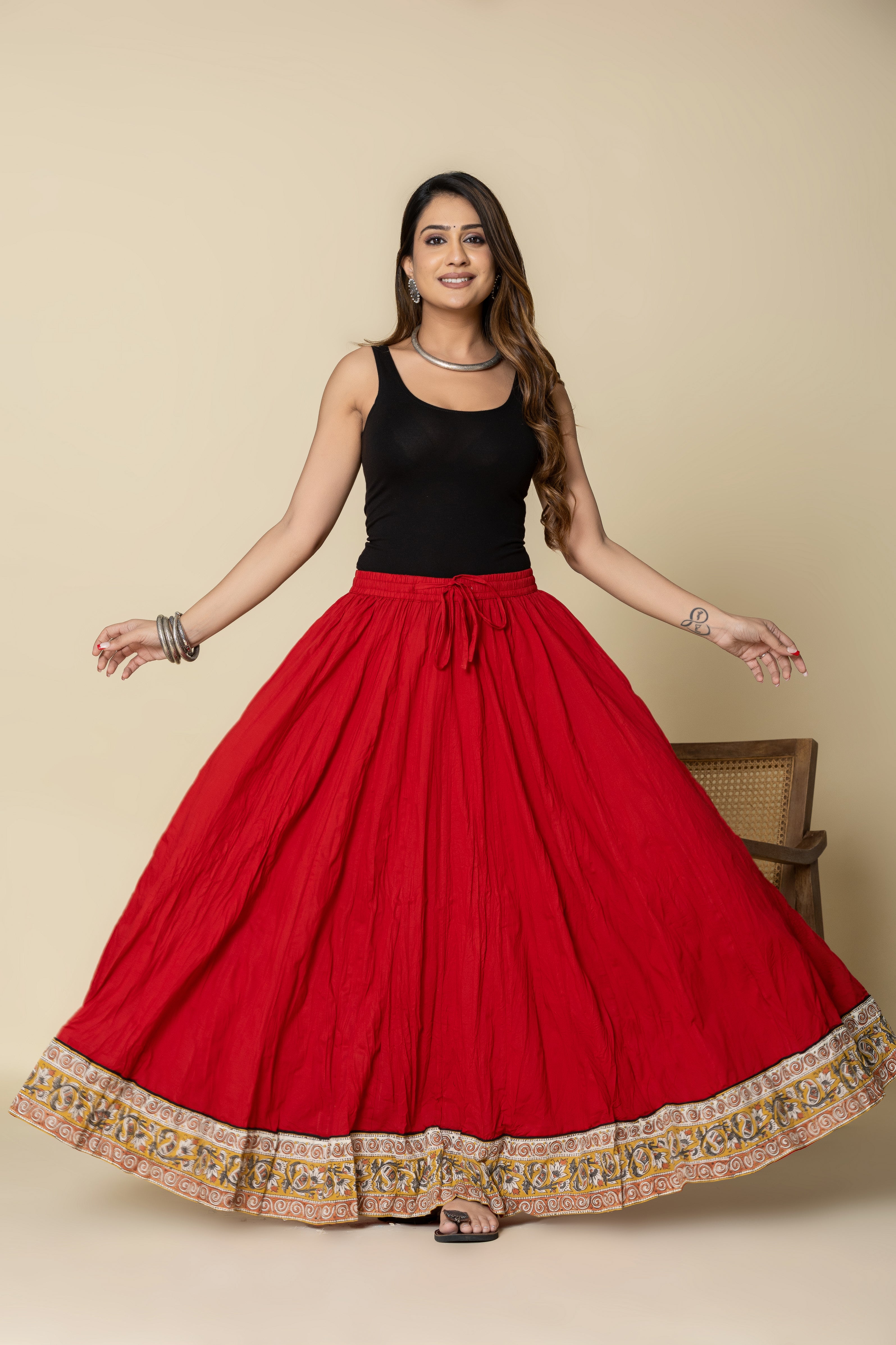 Plain Dyed Red with Kalamkari Border Crinkled Cotton 28 Kali Kalidaar Skirt