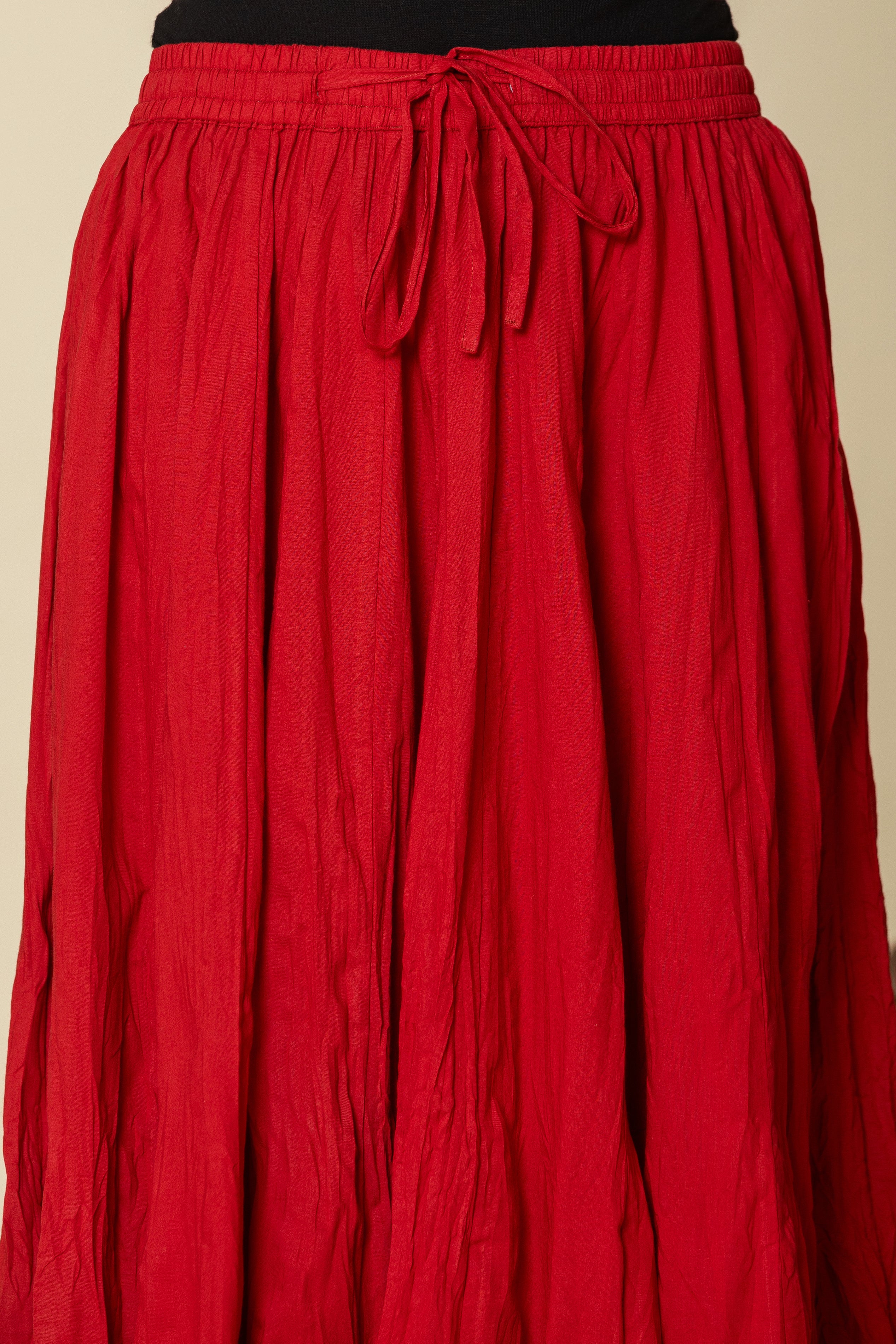 Plain Dyed Red with Kalamkari Border Crinkled Cotton 28 Kali Kalidaar Skirt