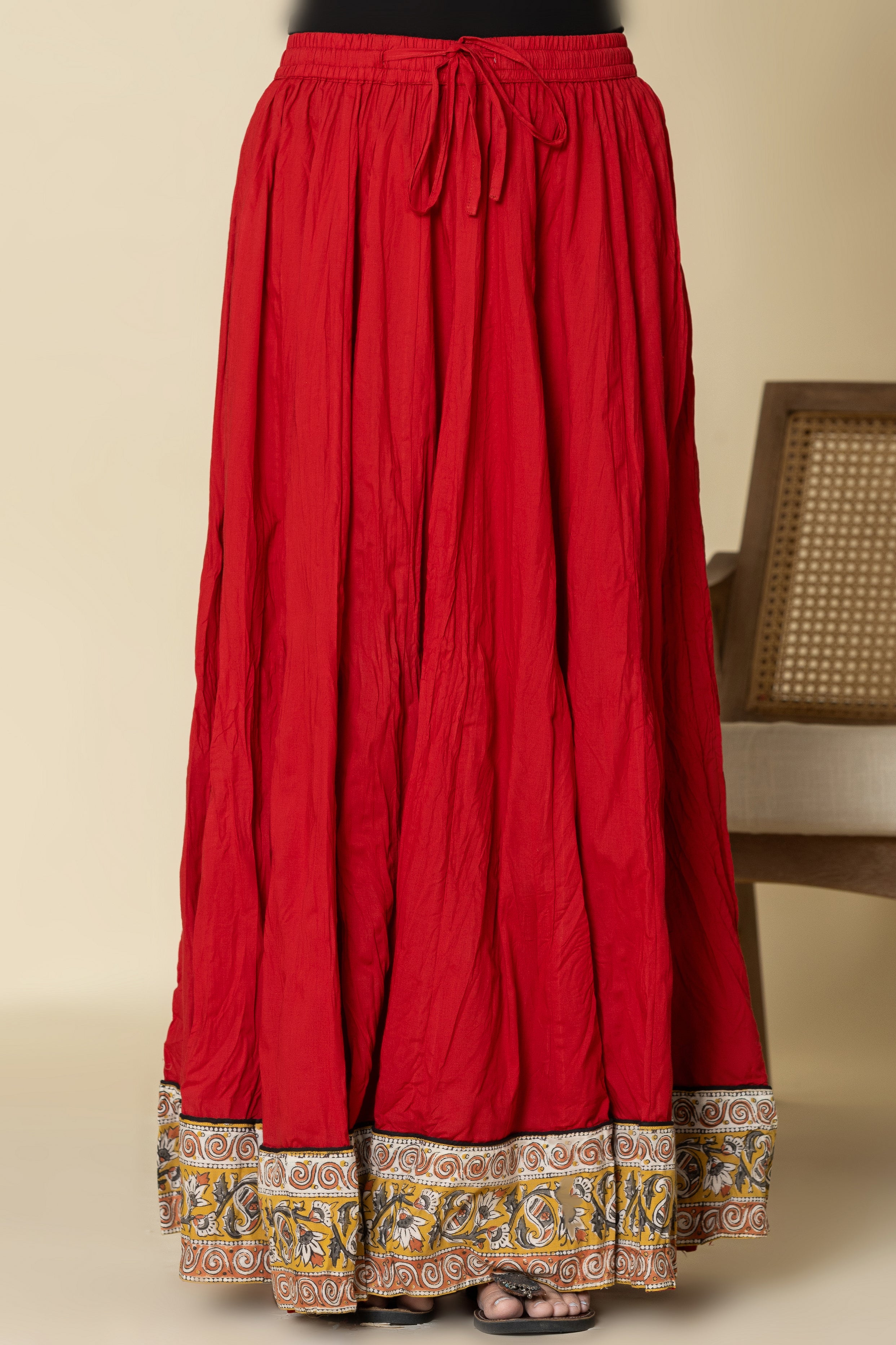 Plain Dyed Red with Kalamkari Border Crinkled Cotton 28 Kali Kalidaar Skirt