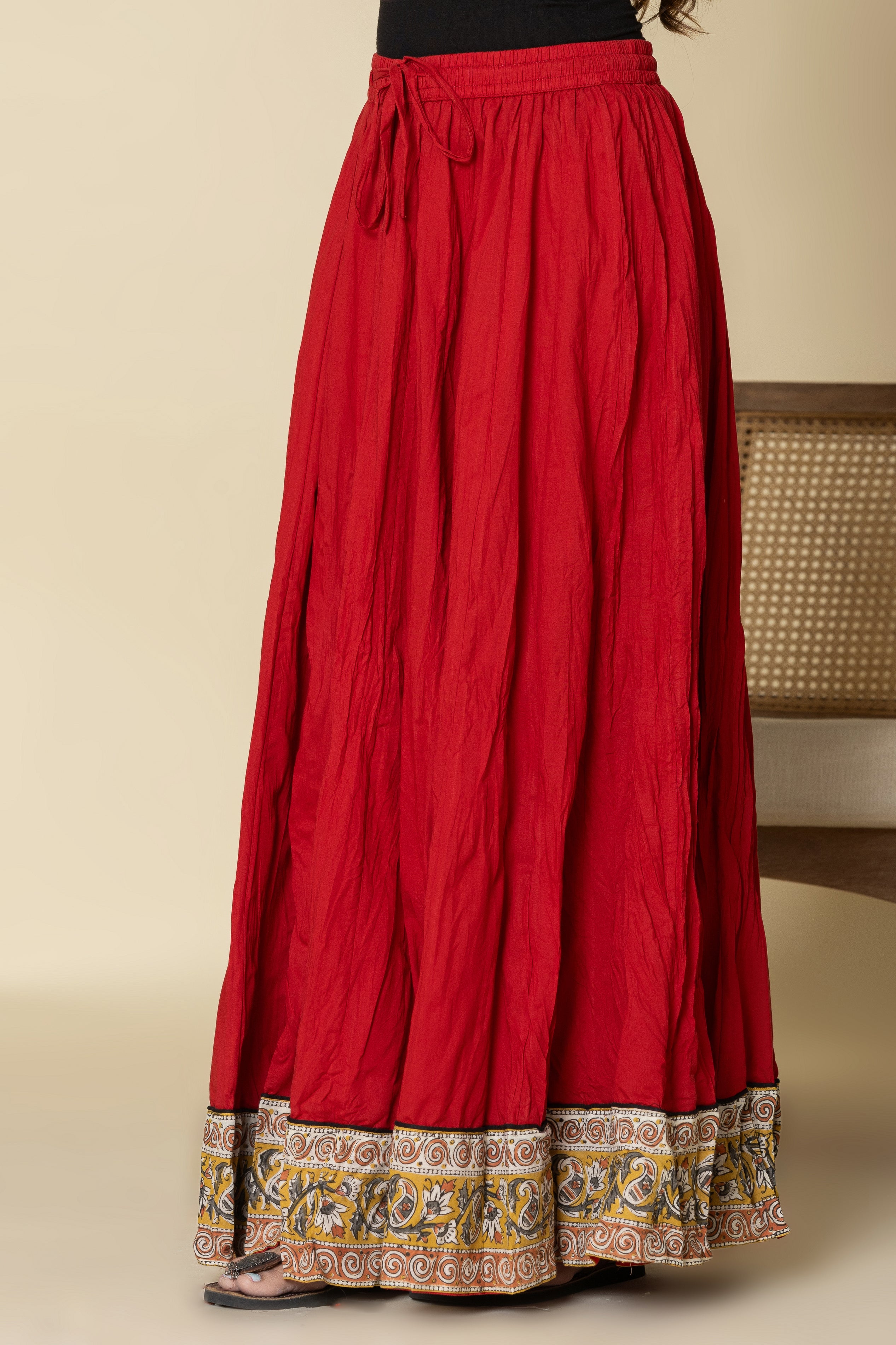 Plain Dyed Red with Kalamkari Border Crinkled Cotton 28 Kali Kalidaar Skirt