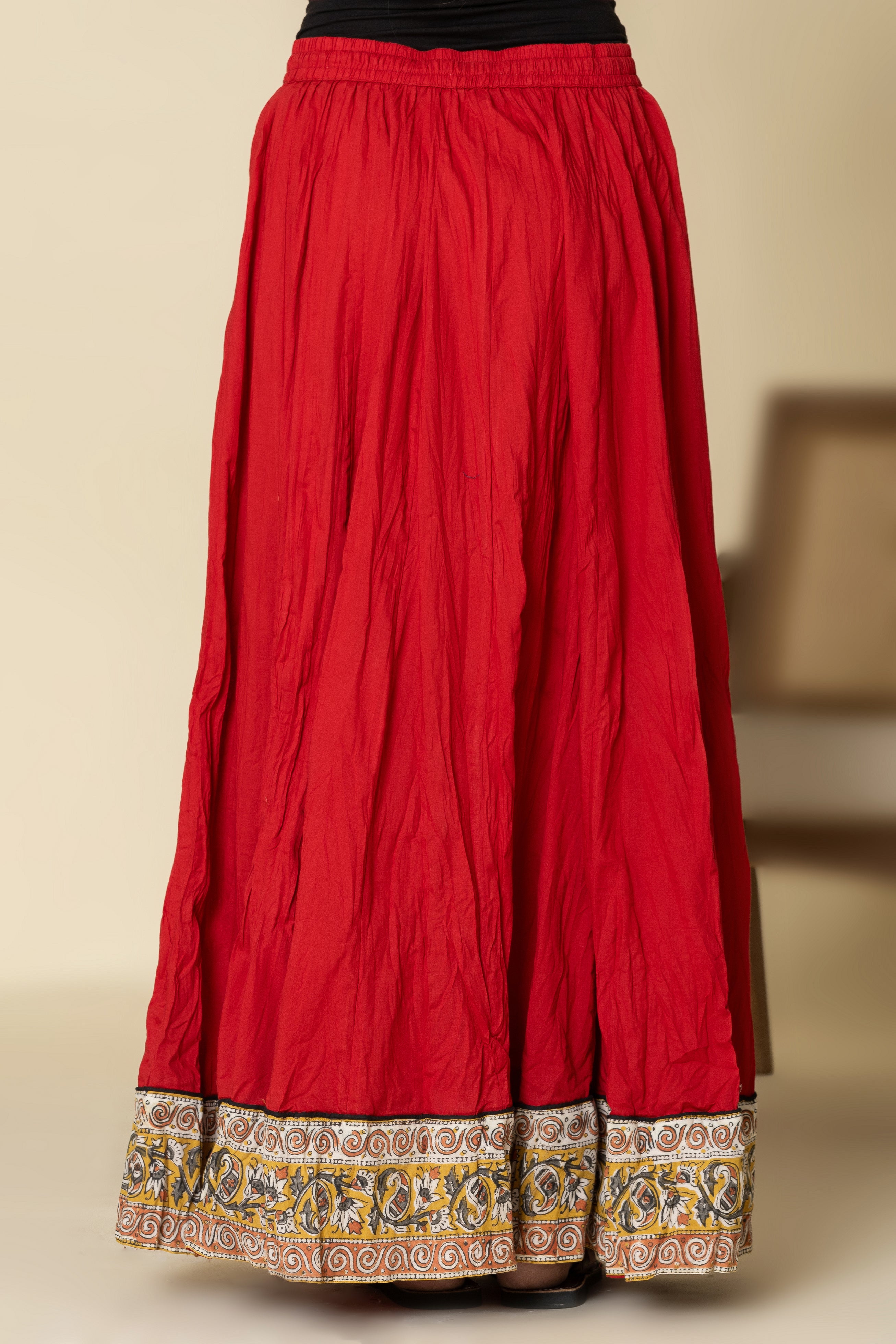 Plain Dyed Red with Kalamkari Border Crinkled Cotton 28 Kali Kalidaar Skirt