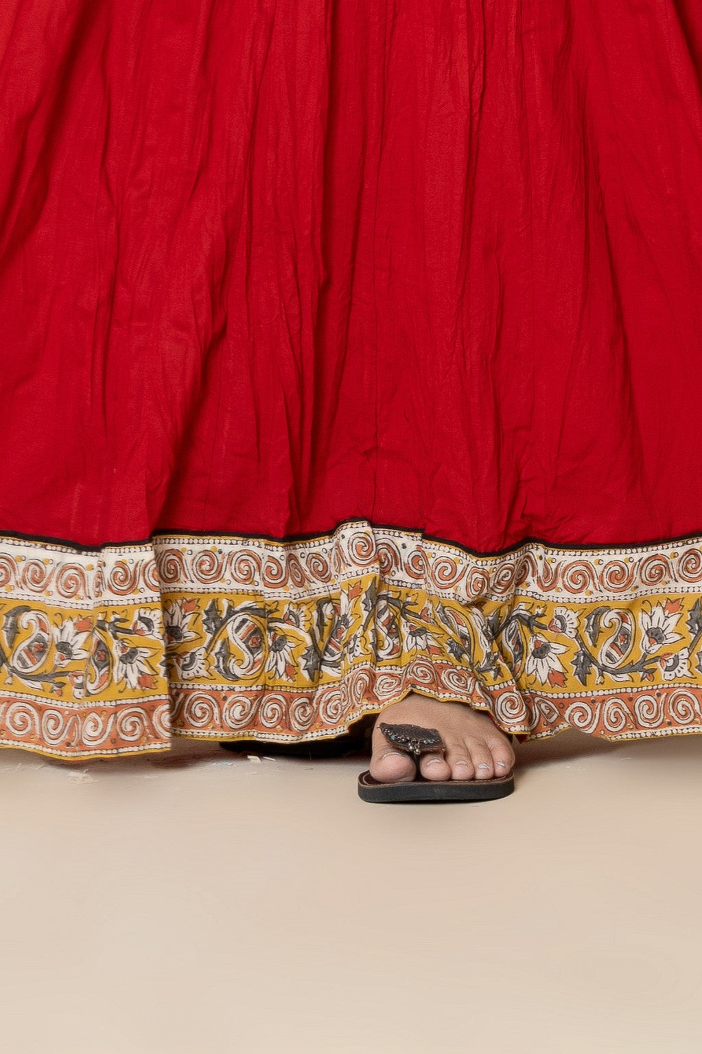 Plain Dyed Red with Kalamkari Border Crinkled Cotton 28 Kali Kalidaar Skirt