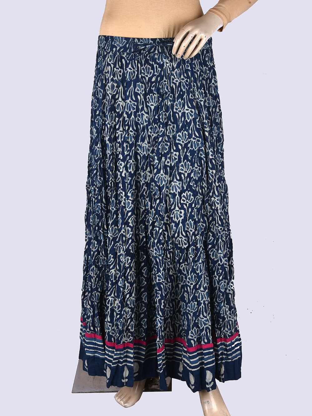 Daboo Indigo Floral Hand Block Printed Crinkled Cotton 28 Kali Kalidaar Skirt