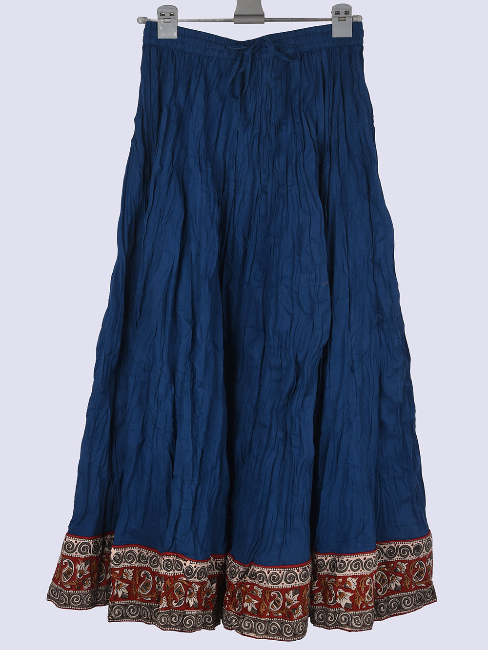 Plain Dyed Indigo Blue with Kalamkari Border Crinkled Cotton 28 Kali Kalidaar Skirt