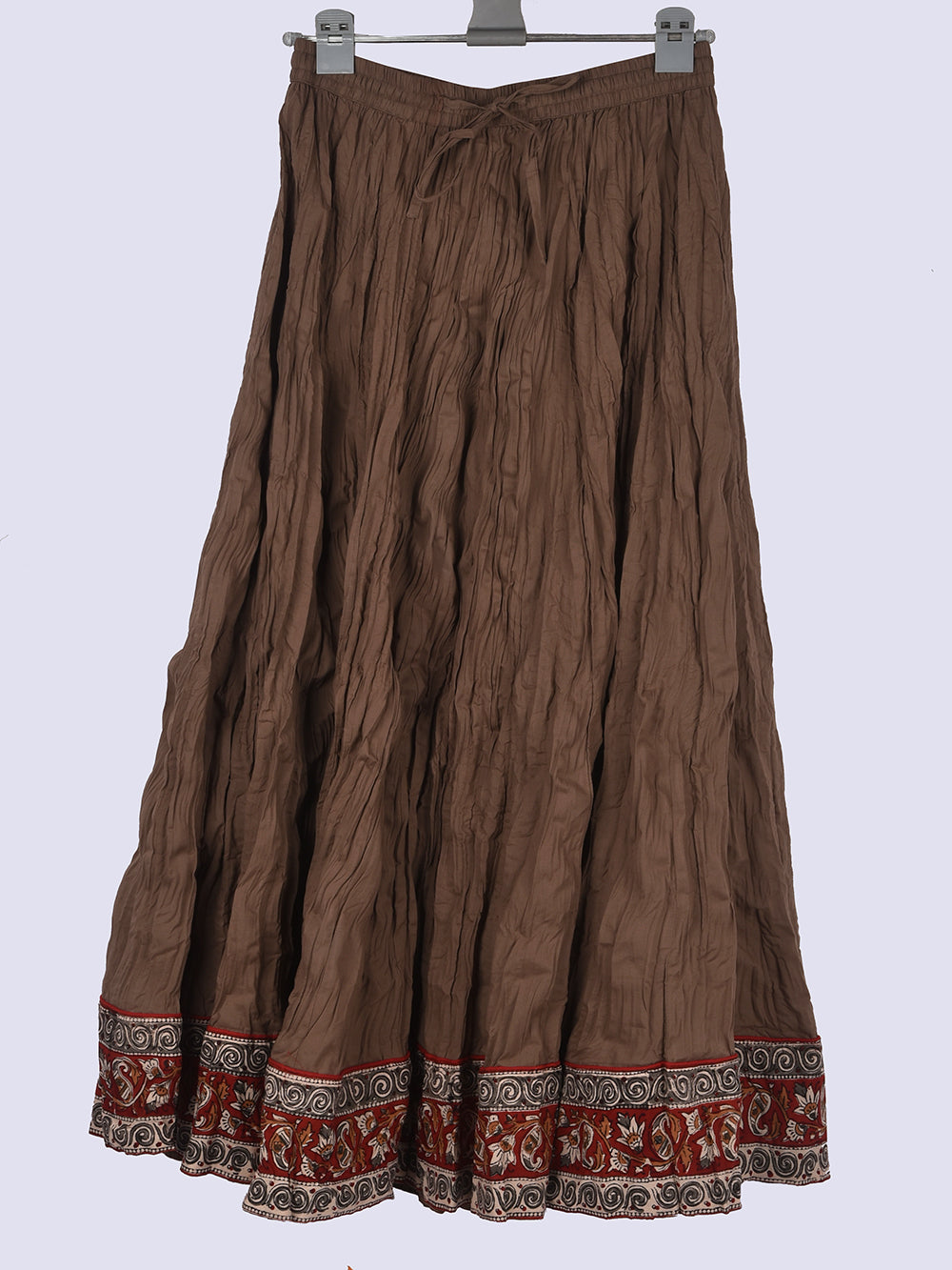 Plain Dyed Brownish Grey with Kalamkari Border Crinkled Cotton 28 Kali Kalidaar Skirt