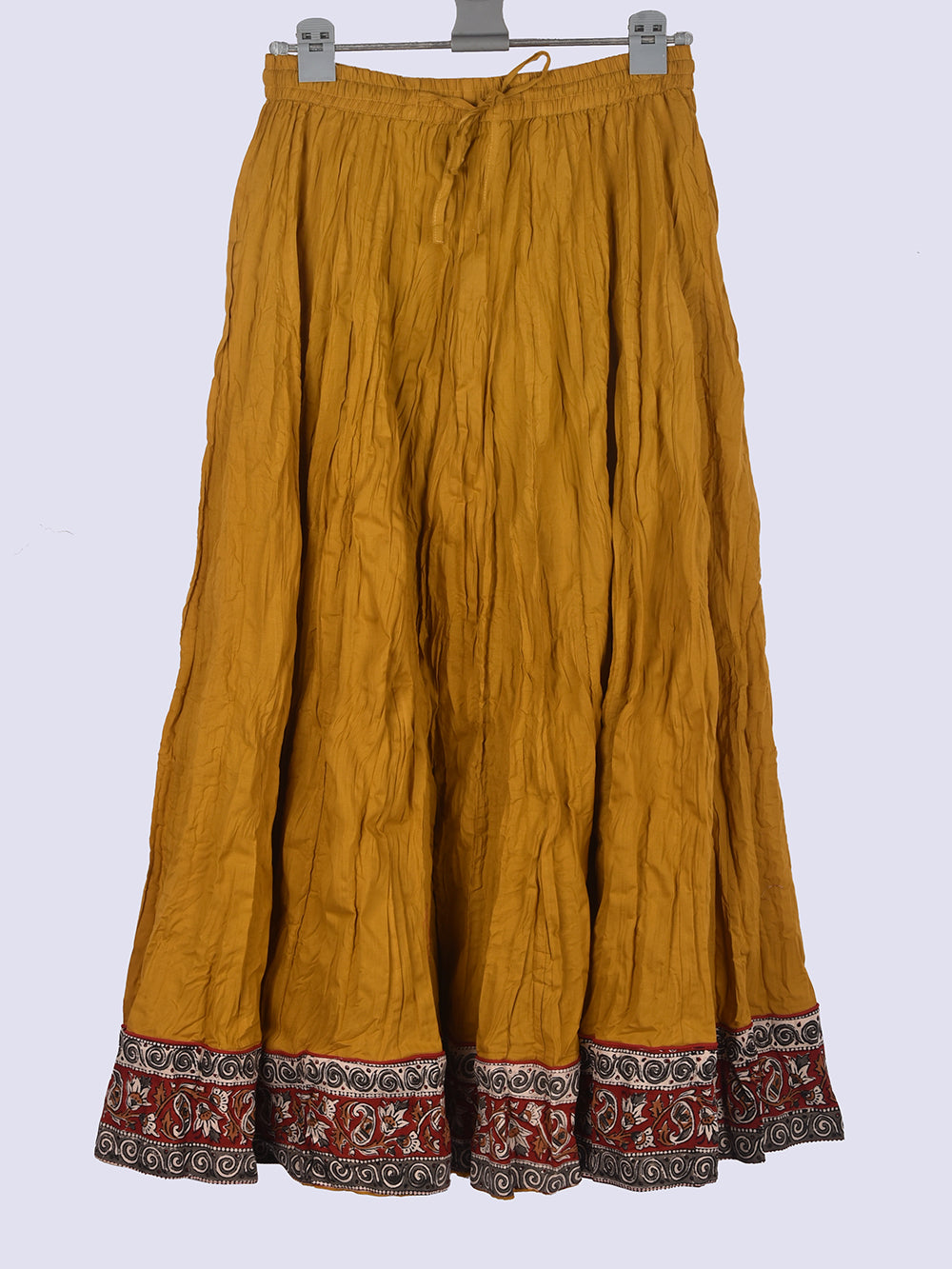 Plain Dyed Ochre Yellow with Kalamkari Border Crinkled Cotton 28 Kali Kalidaar Skirt