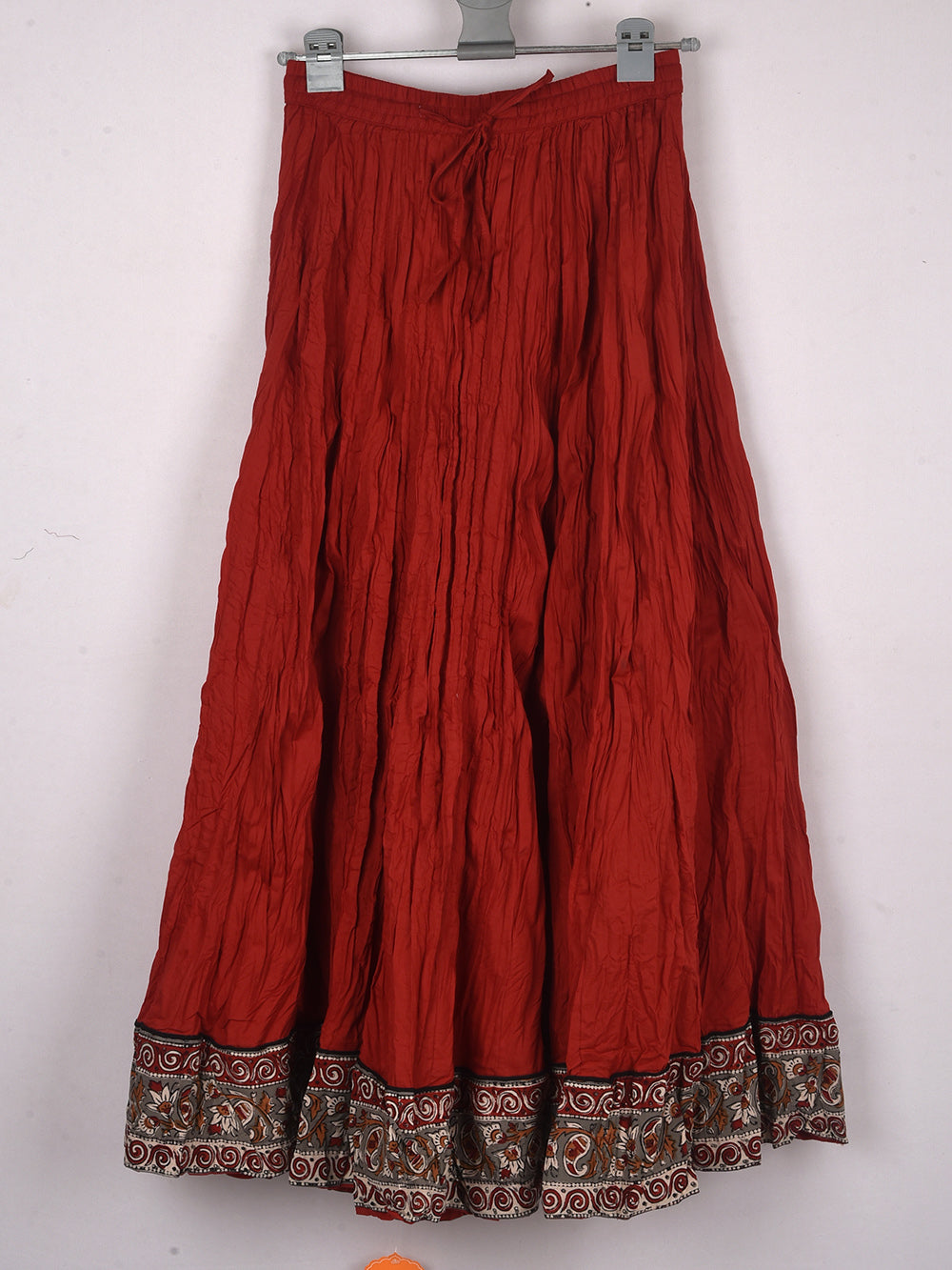 Plain Dyed Bagru Red with Kalamkari Border Crinkled Cotton 28 Kali Kalidaar Skirt