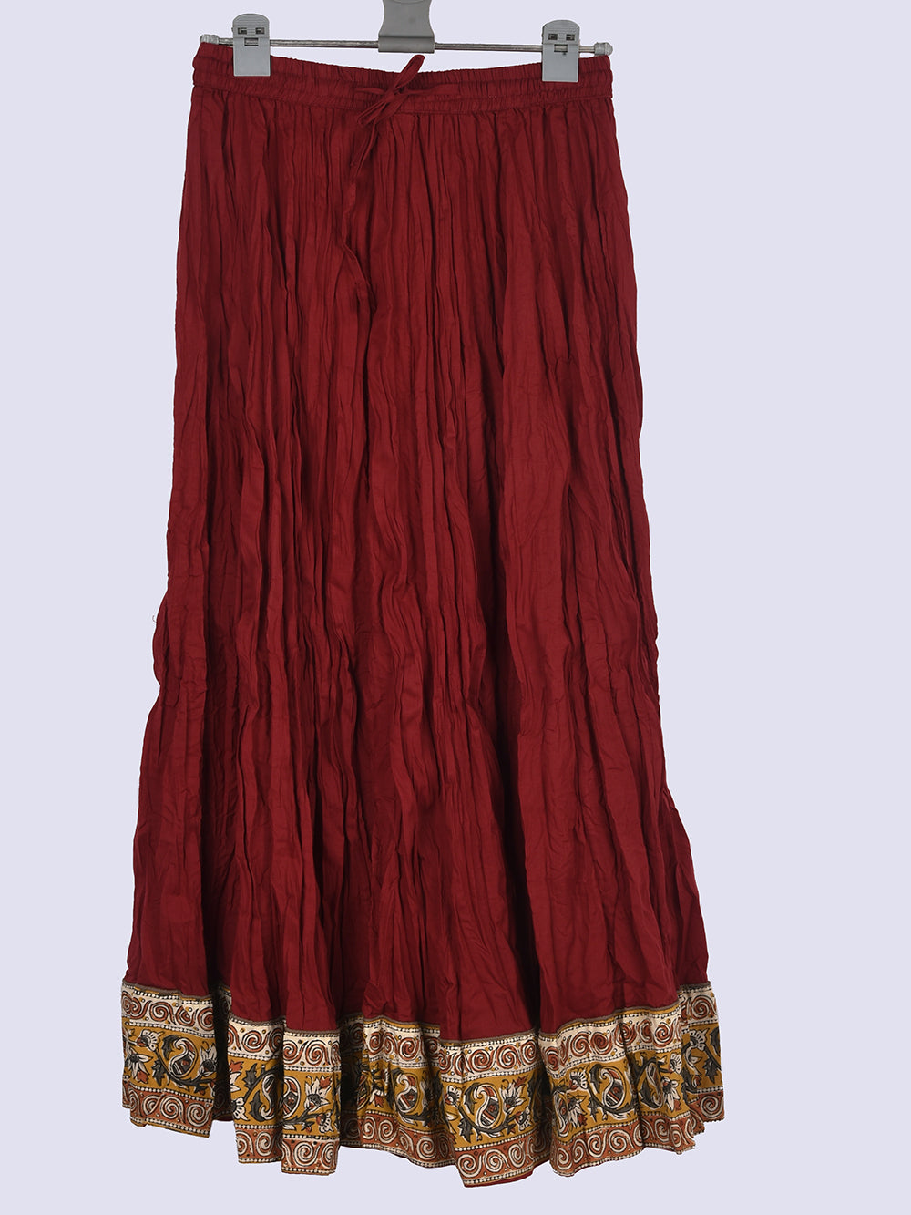 Plain Dyed Maroon with Kalamkari Border Crinkled Cotton 28 Kali Kalidaar Skirt